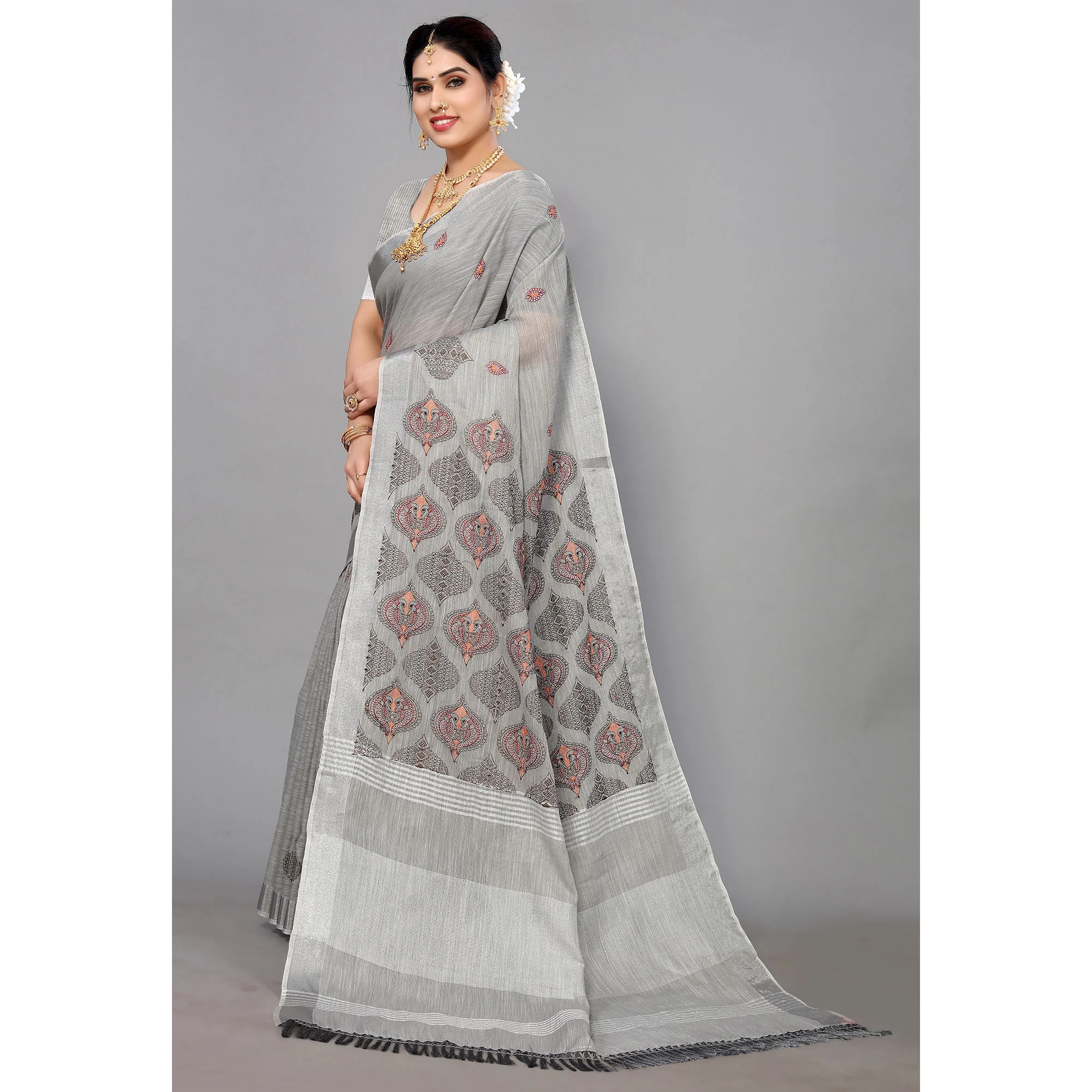 Grey Embroidered Cotton Silk Saree With Tassels - Image 5