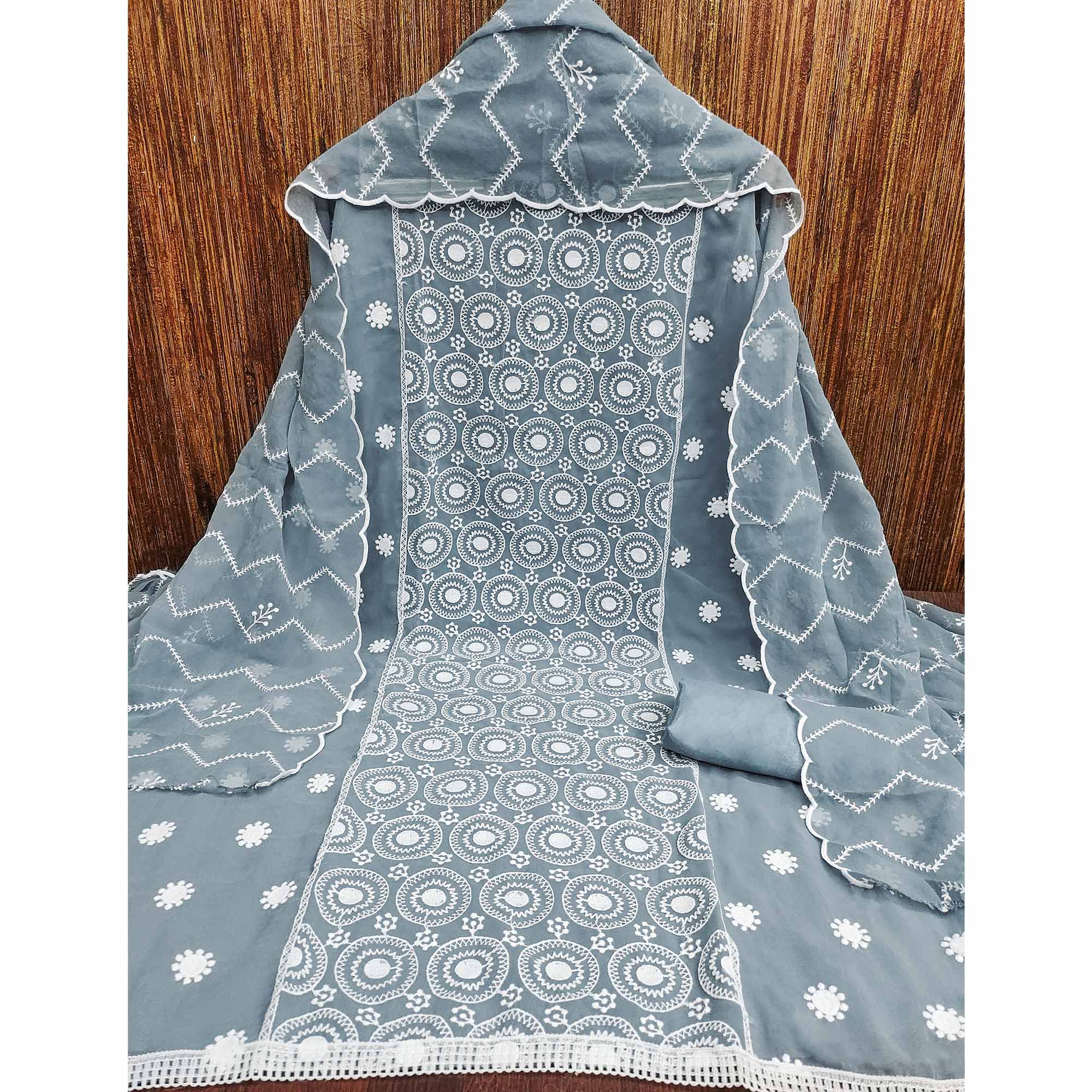 Grey Embroidered Georgette Dress Material - Image 3