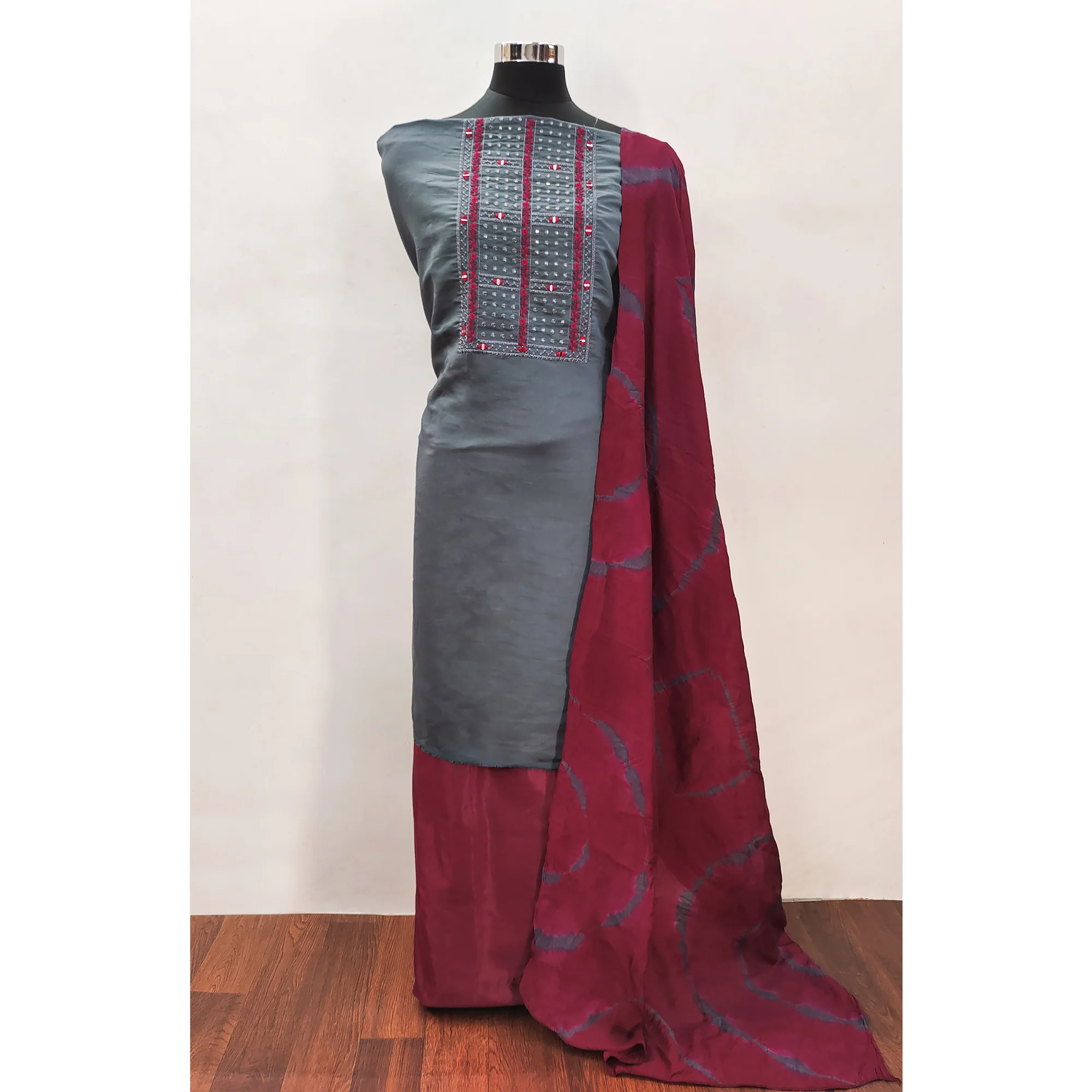 Grey Embroidered Viscose Dress Material - Image 3