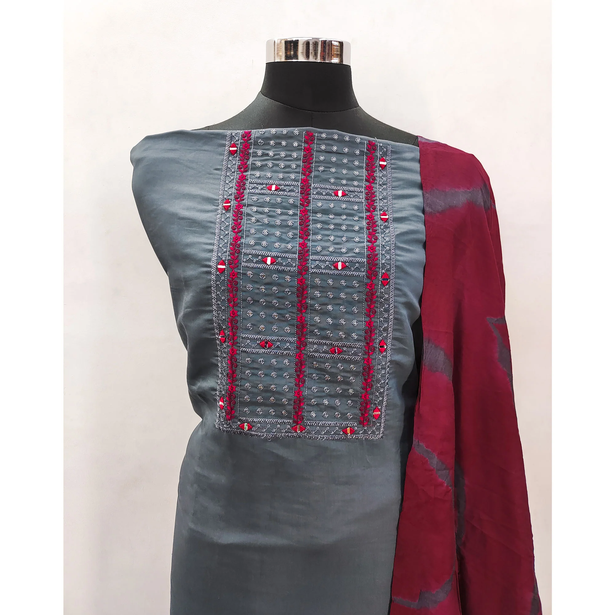Grey Embroidered Viscose Dress Material - Image 4