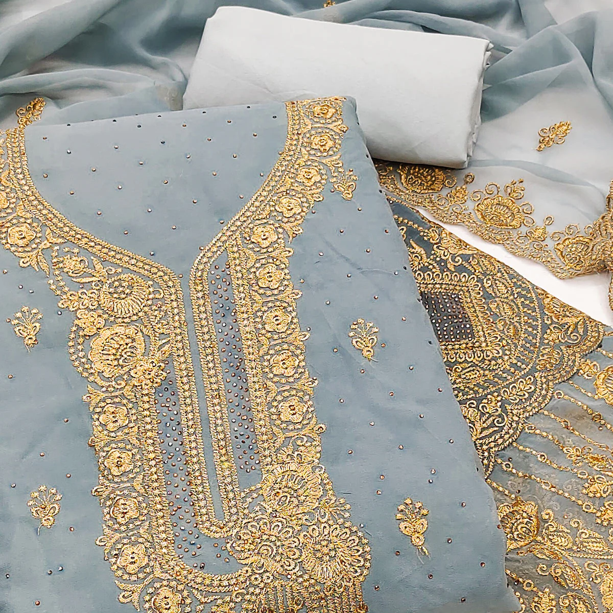 Grey Embroidered With Swarovski Work Georgette Dress Material - Image 2