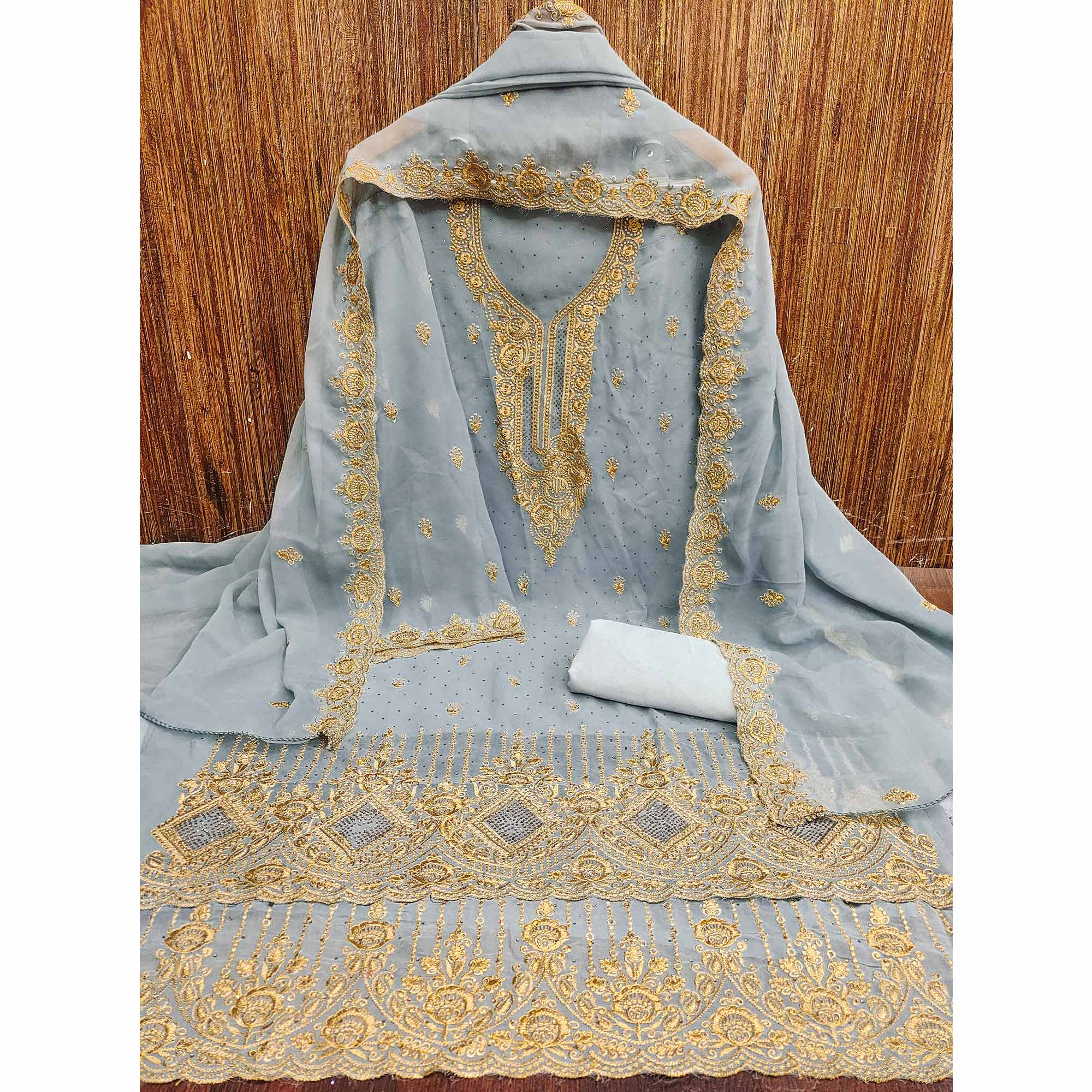 Grey Embroidered With Swarovski Work Georgette Dress Material - Image 4
