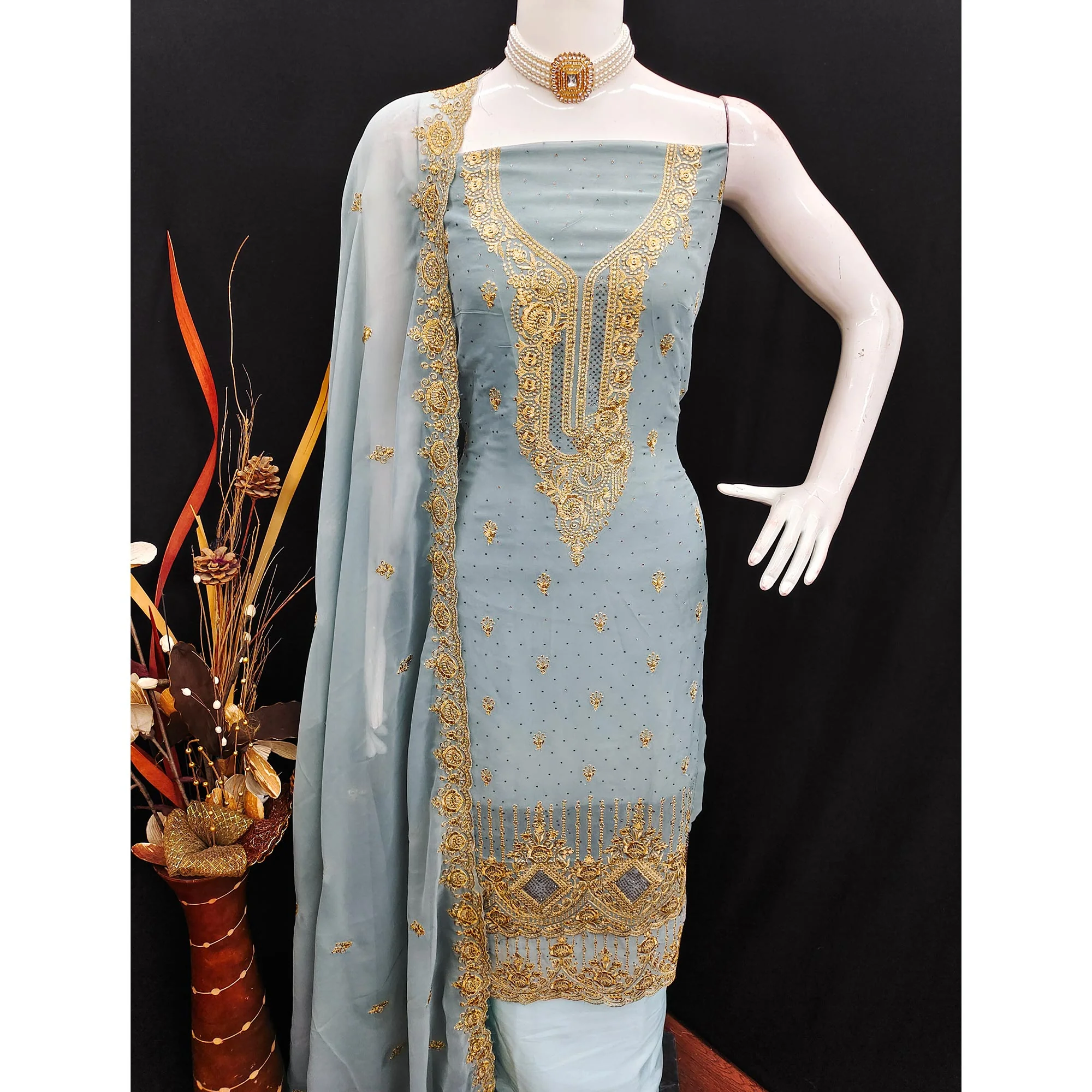 Grey Embroidered With Swarovski Work Georgette Dress Material - Image 5