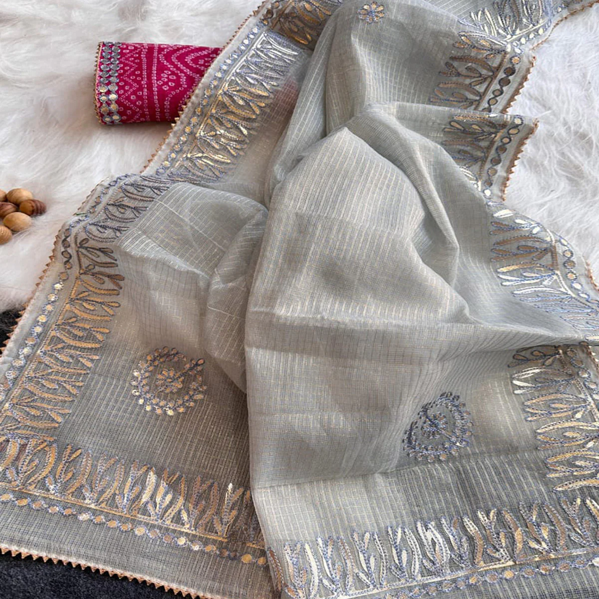 Grey Festive Kota Doria Saree Decorated with Classic Gota Work Embroidery - Image 2