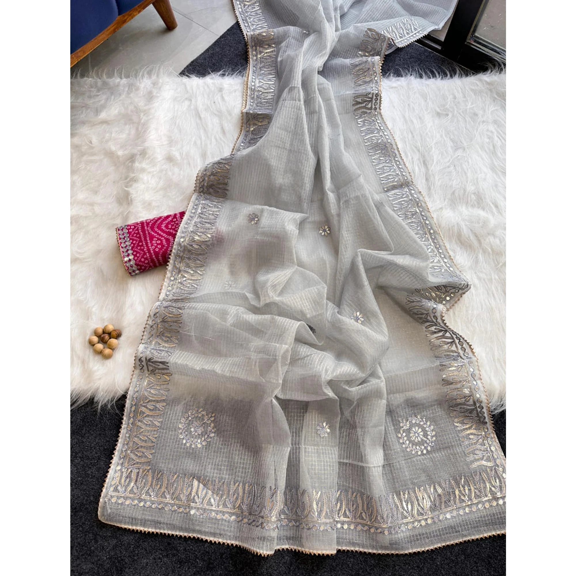 Grey Festive Kota Doria Saree Decorated with Classic Gota Work Embroidery - Image 3