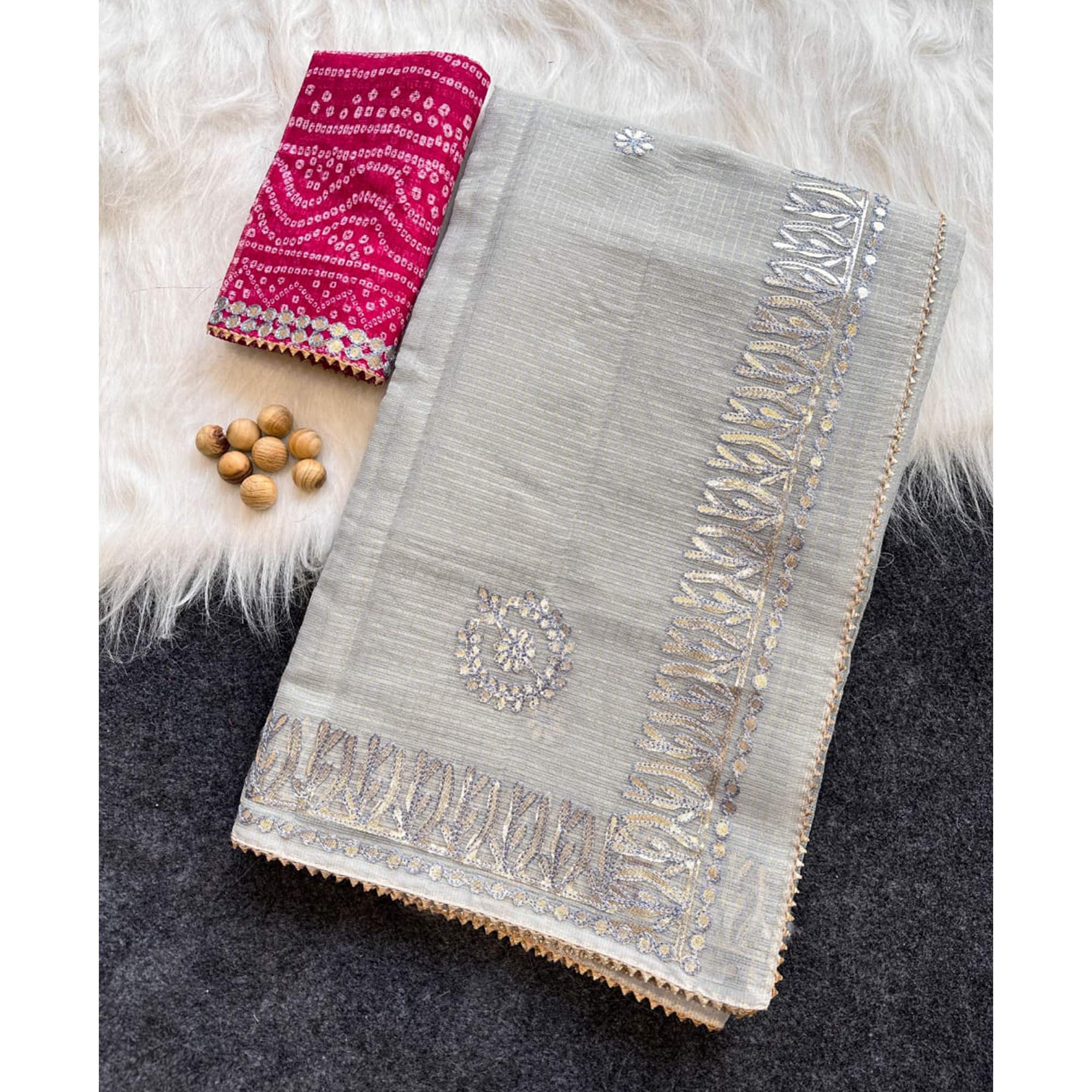 Grey Festive Kota Doria Saree Decorated with Classic Gota Work Embroidery - Image 4