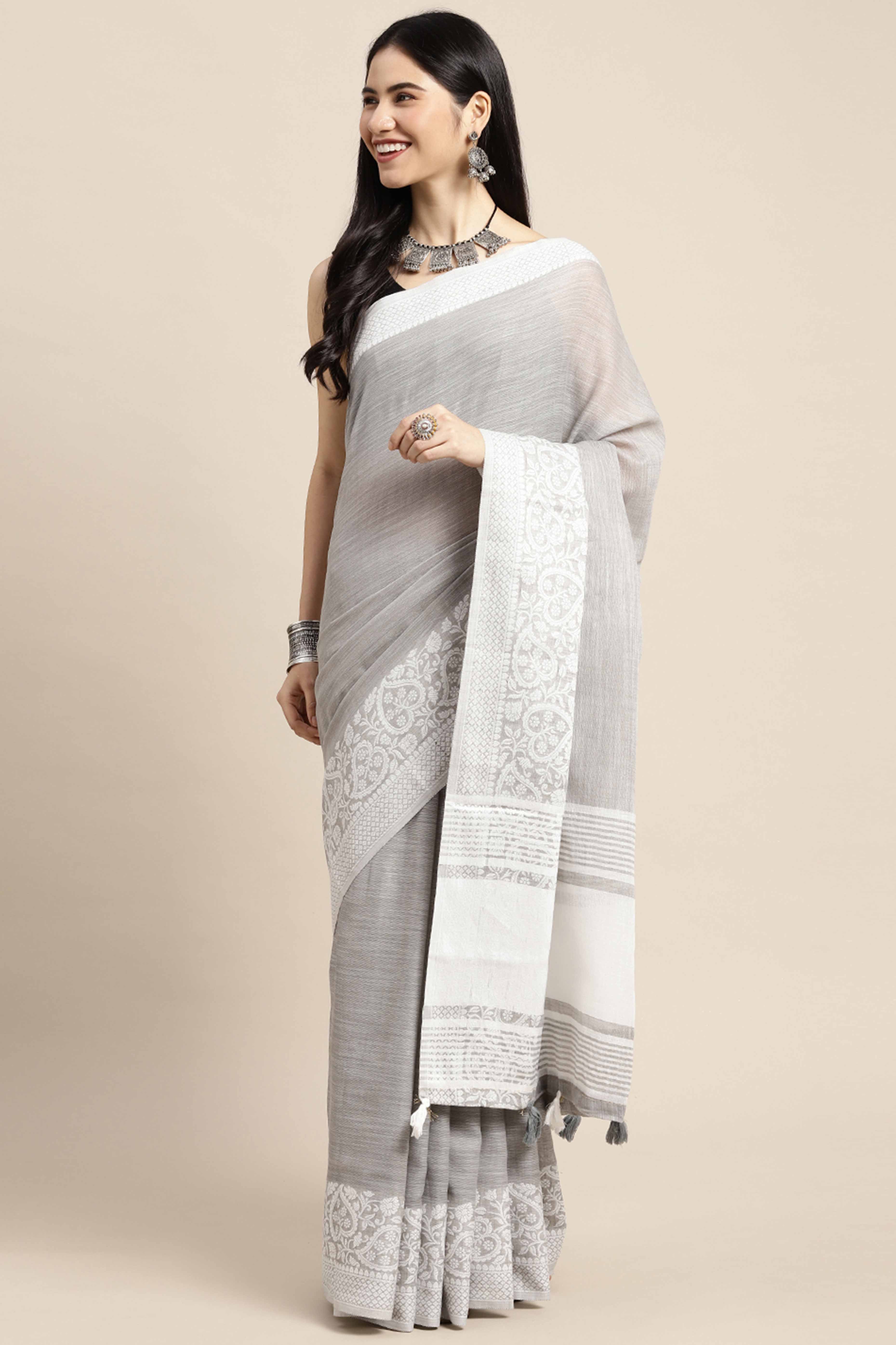 Grey Festive Linen Weaving Saree with Silver Zari Border & Pallu - Image 3