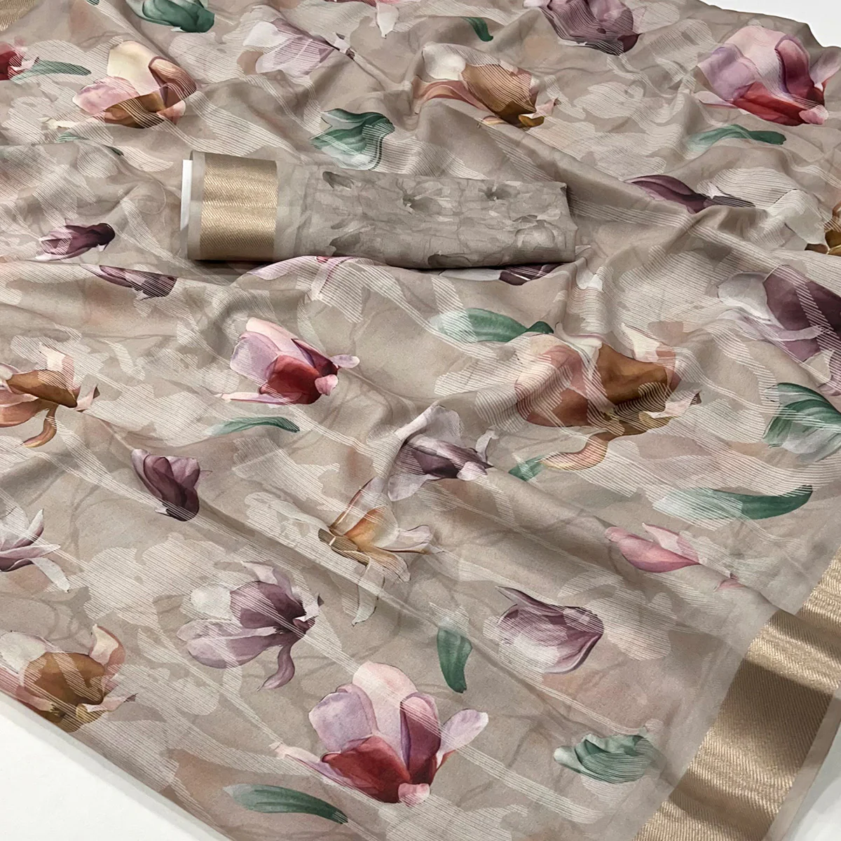 Grey Floral Digital Printed Moss Georgette Saree With Zari Border - Image 2