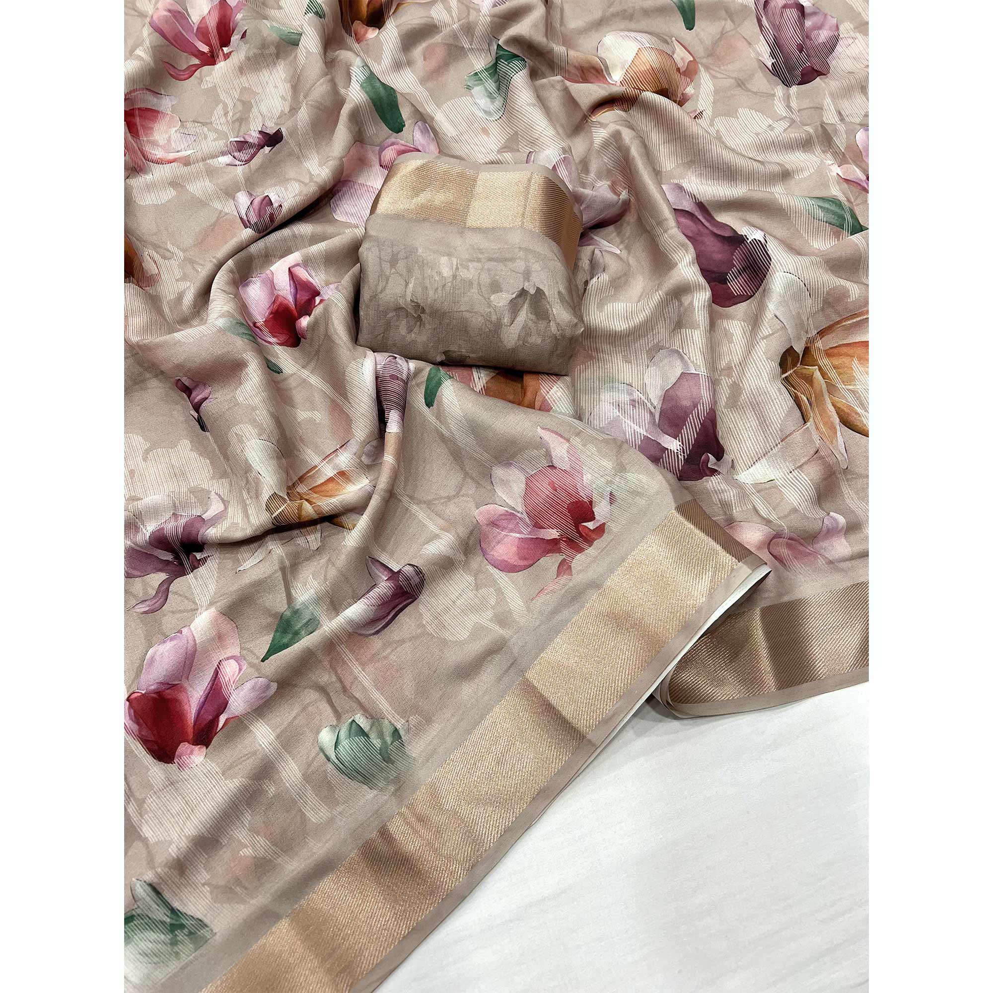 Grey Floral Digital Printed Moss Georgette Saree With Zari Border - Image 3