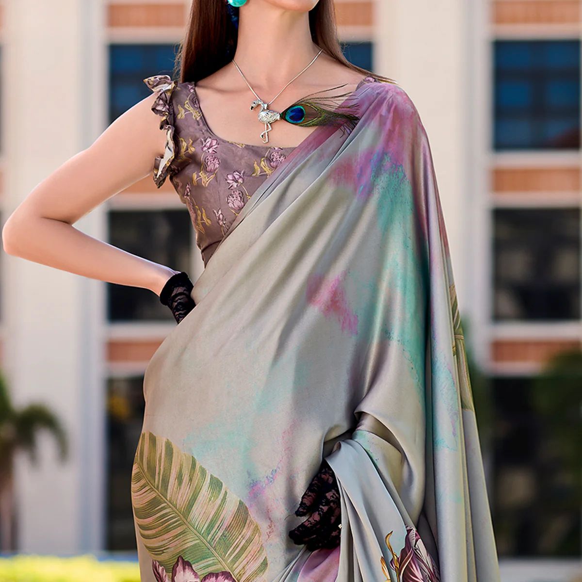 Grey Floral Digital Printed Pure Satin Saree - Image 3