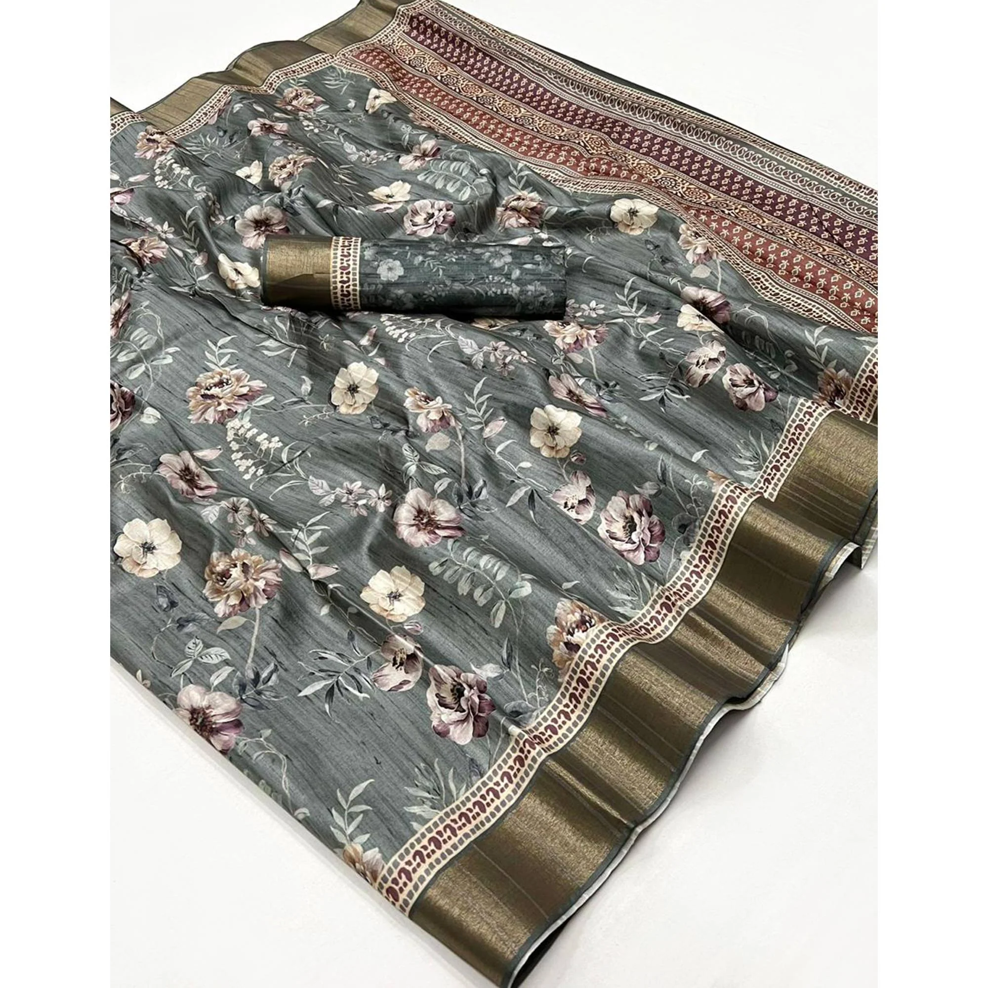 Grey Floral Digital Printed Tussar Silk Saree - Image 3