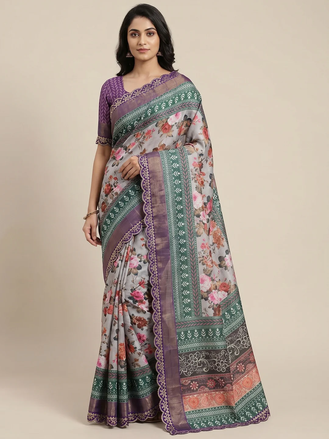 Grey Floral Digital Printed Tussar Silk Saree With Sequins Embroidered Border