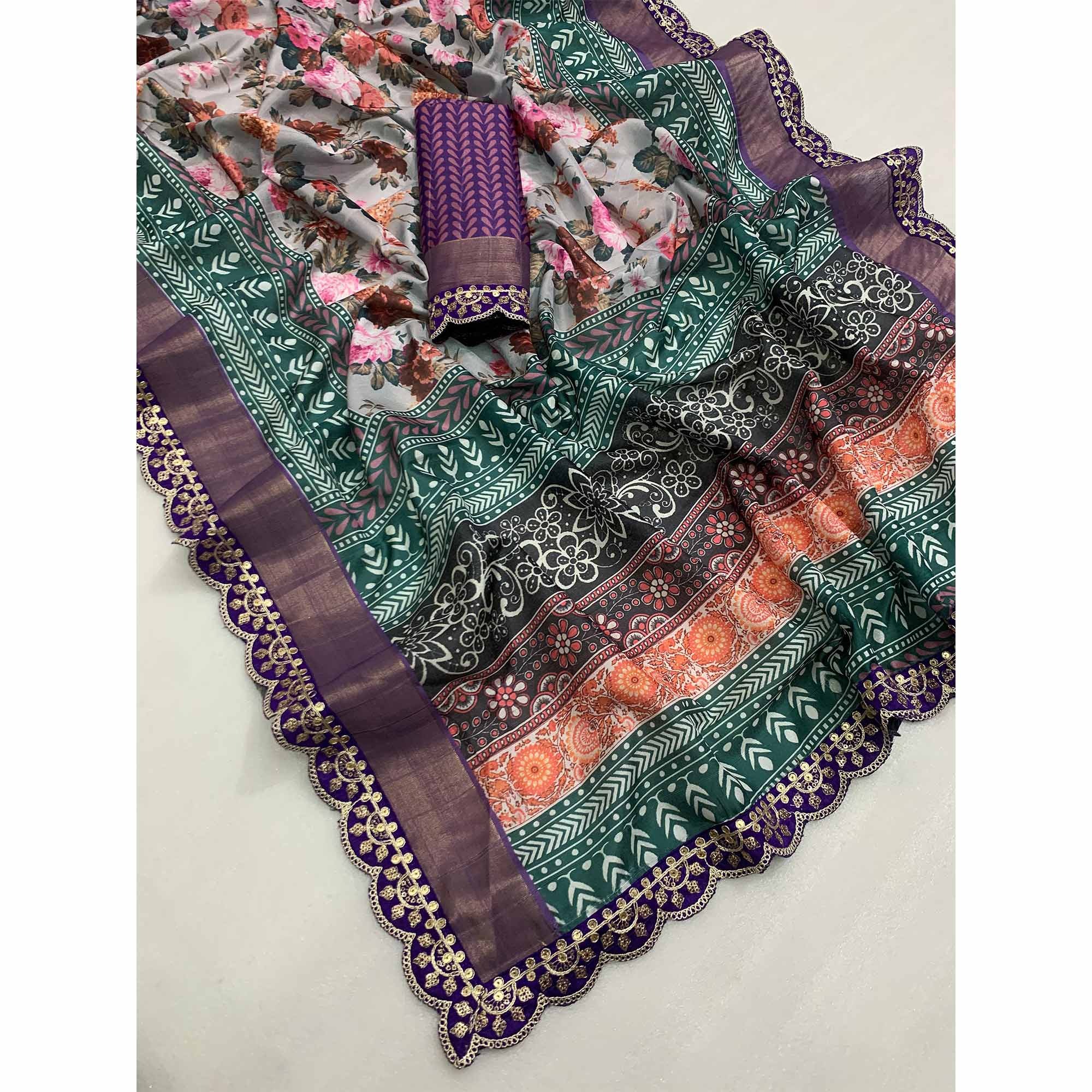 Grey Floral Digital Printed Tussar Silk Saree With Sequins Embroidered Border - Image 2