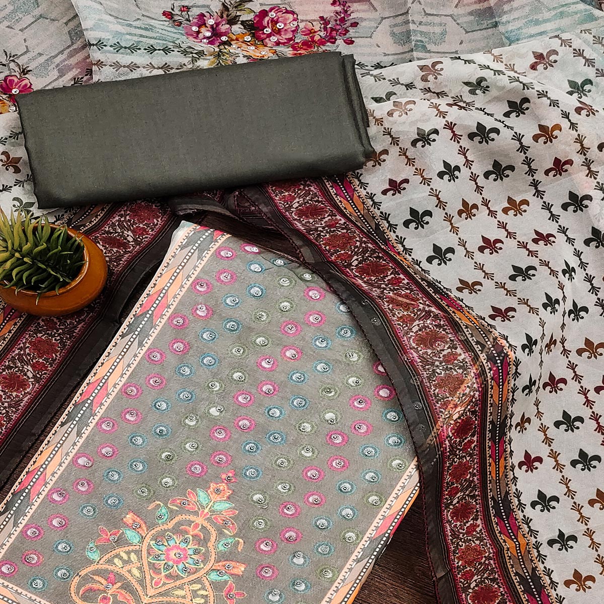 Grey Floral Digital Printed With Diamond Work Organza Dress Material - Image 2