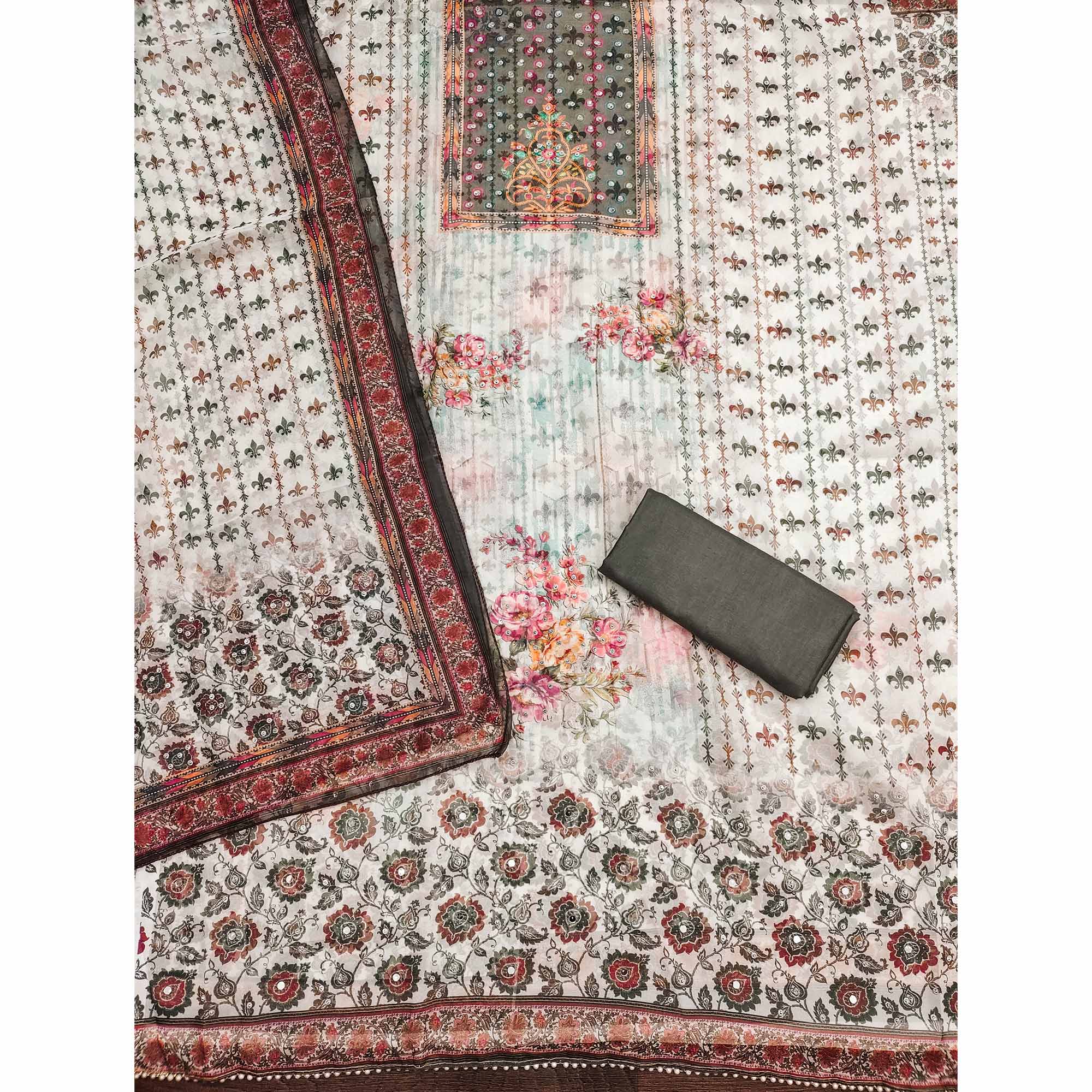 Grey Floral Digital Printed With Diamond Work Organza Dress Material - Image 4