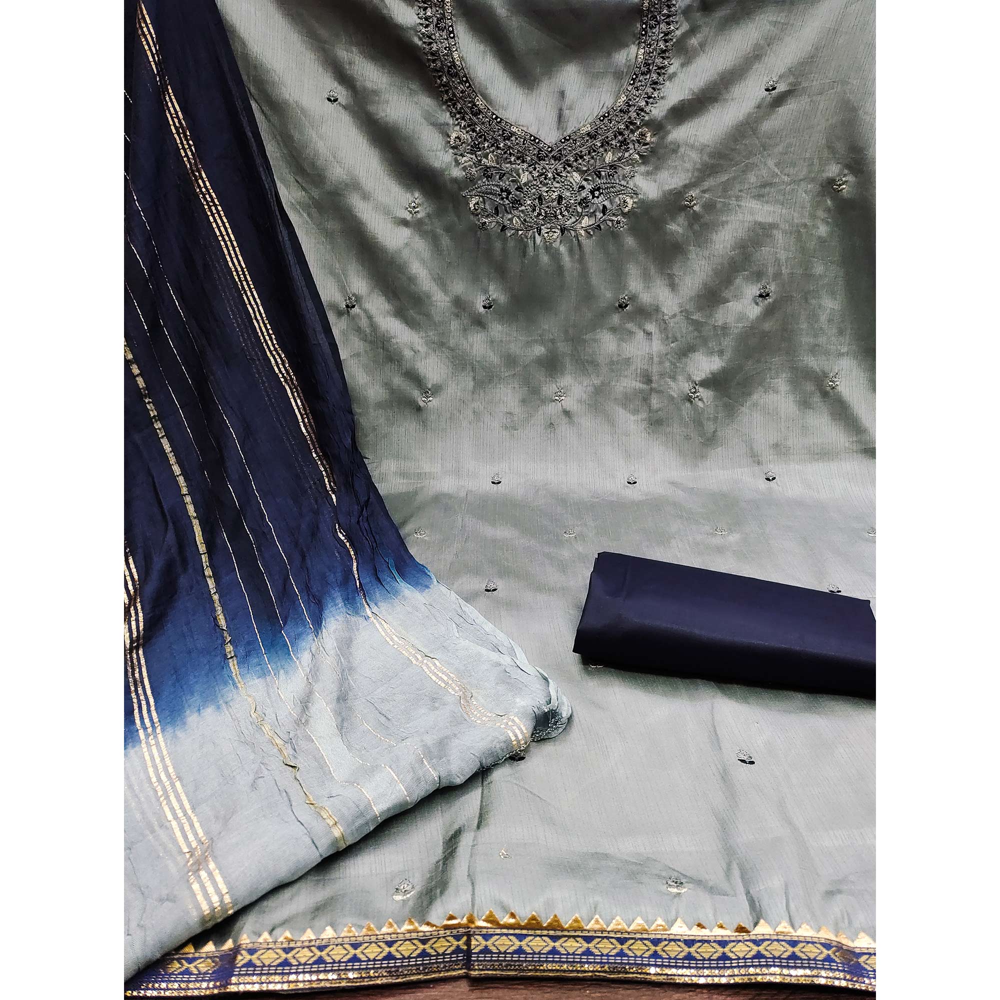 Grey Floral Embroidered Art Silk Dress Material - Image 5