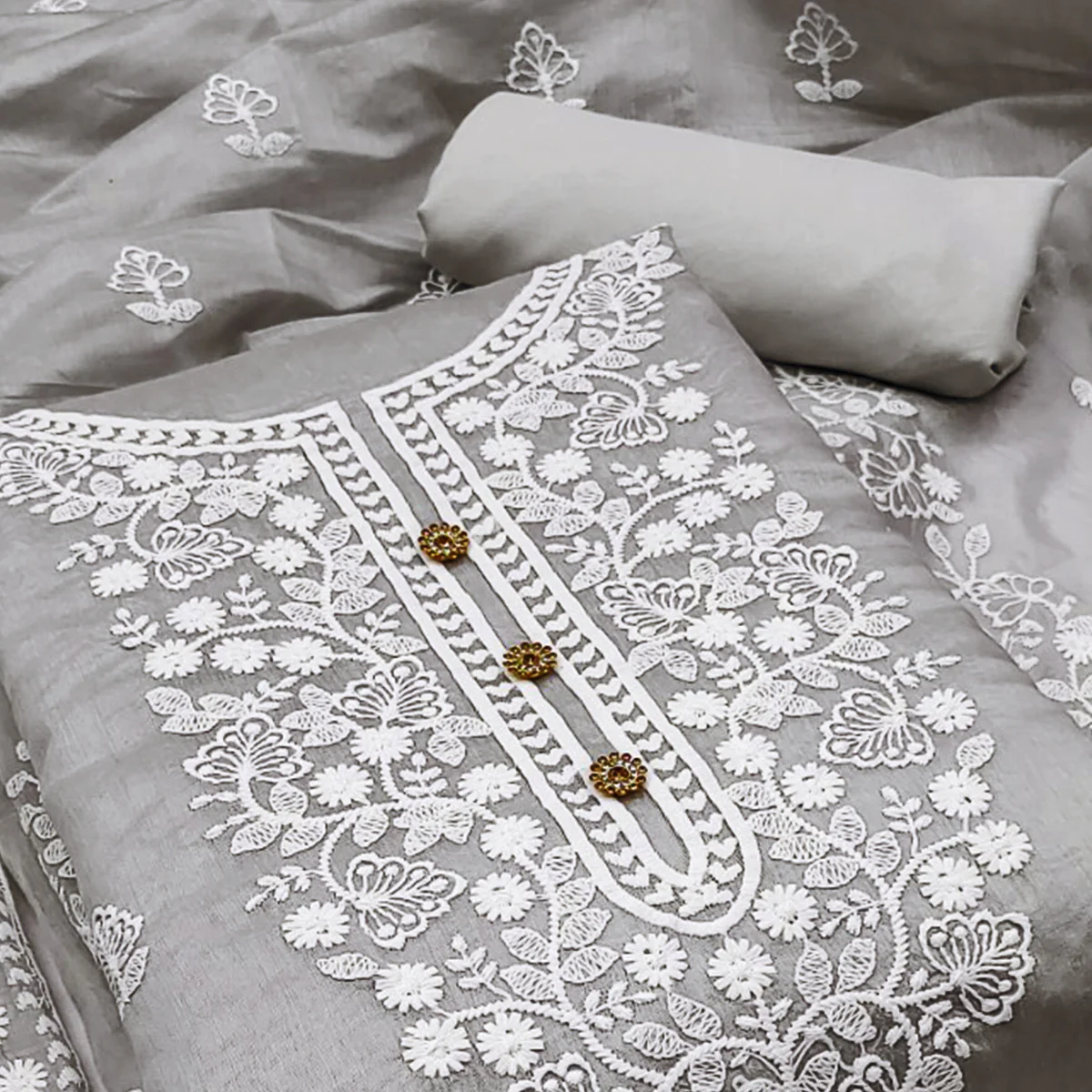 Grey Floral Embroidered Chanderi Cotton Dress Material - Image 2