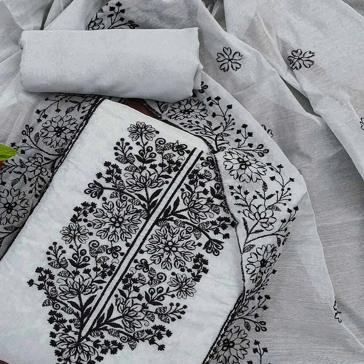 Grey Floral Embroidered Chanderi Dress Material - Image 2