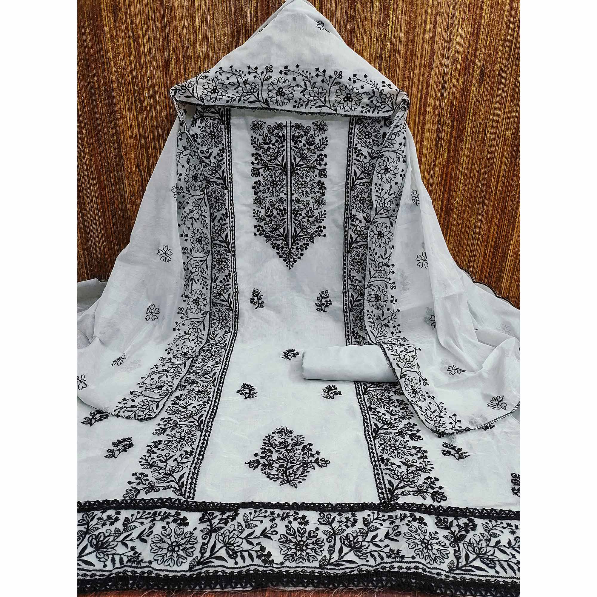 Grey Floral Embroidered Chanderi Dress Material - Image 3