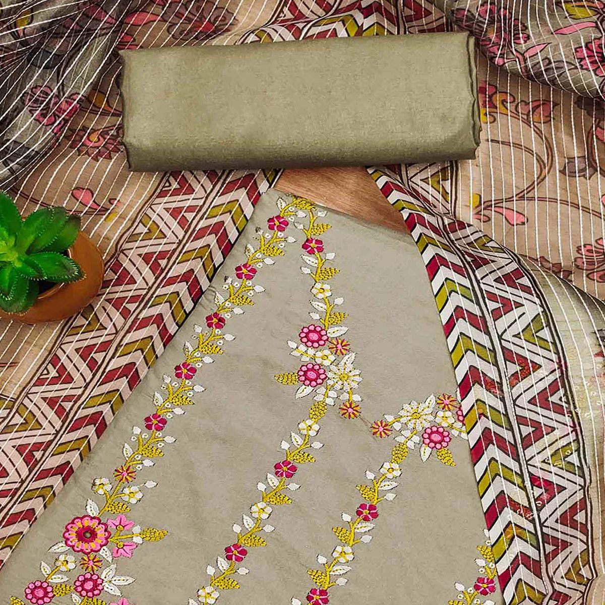 Grey Floral Embroidered Chanderi Silk Dress Material - Image 2
