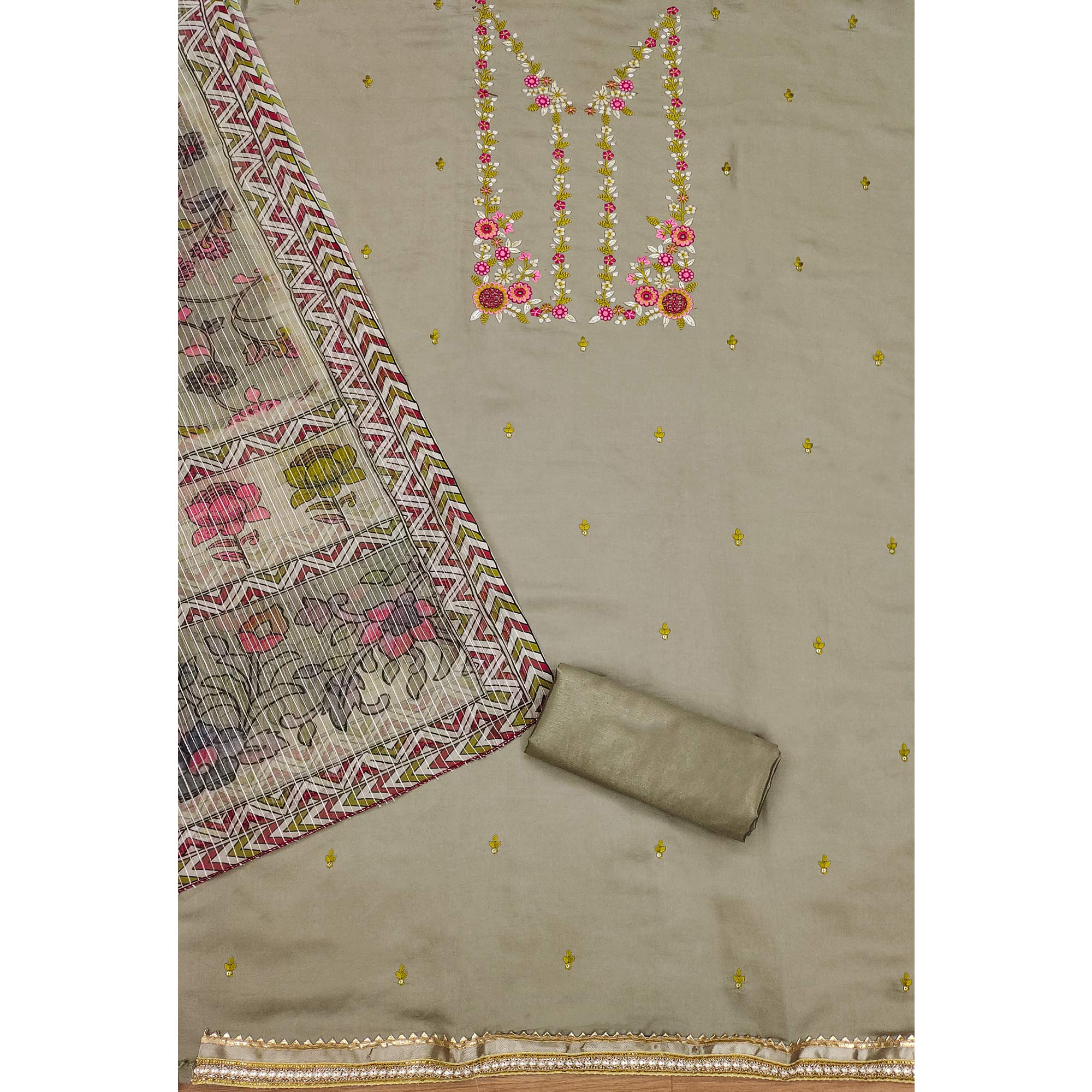 Grey Floral Embroidered Chanderi Silk Dress Material - Image 4