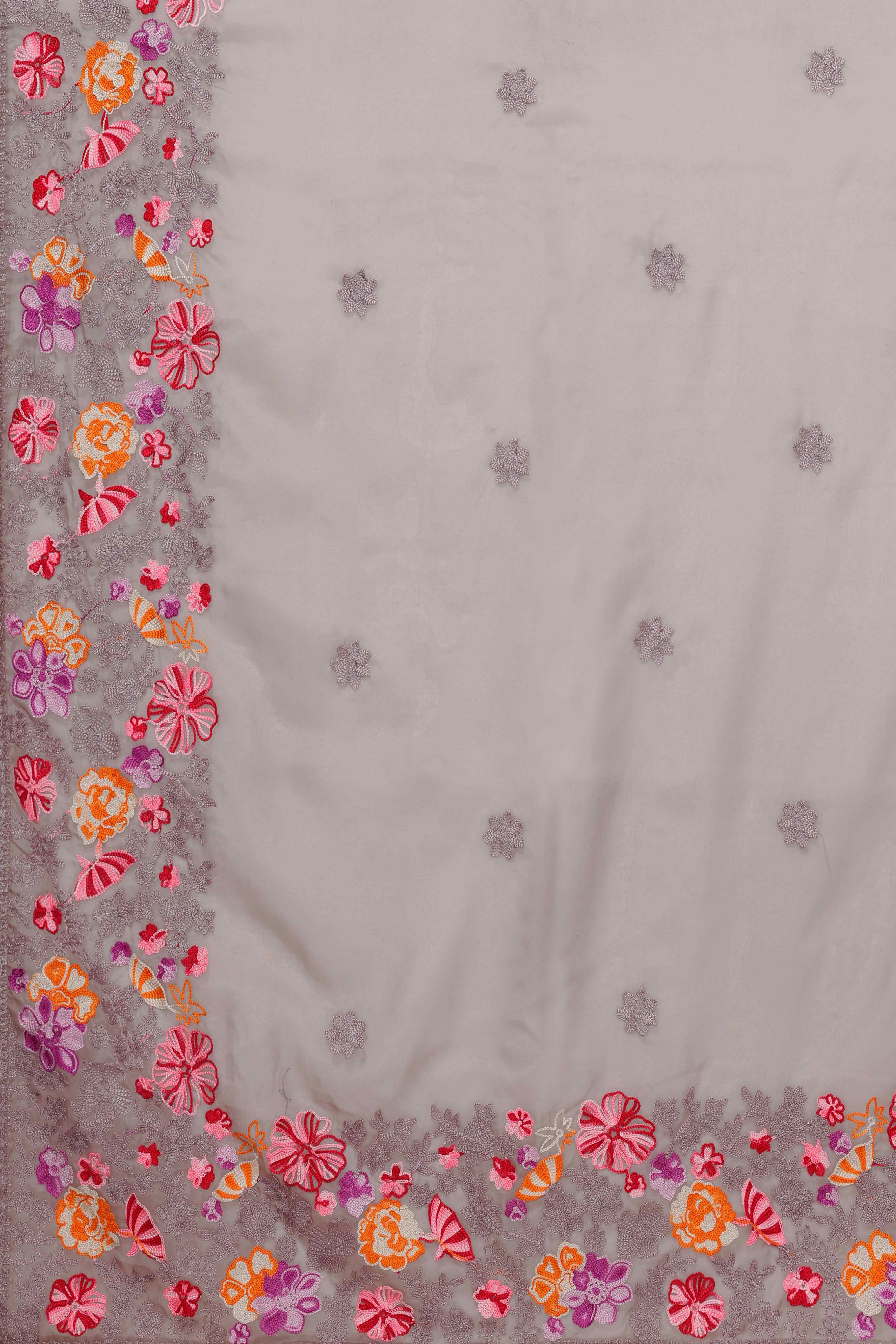 Grey Floral Embroidered Organza Saree - Image 7