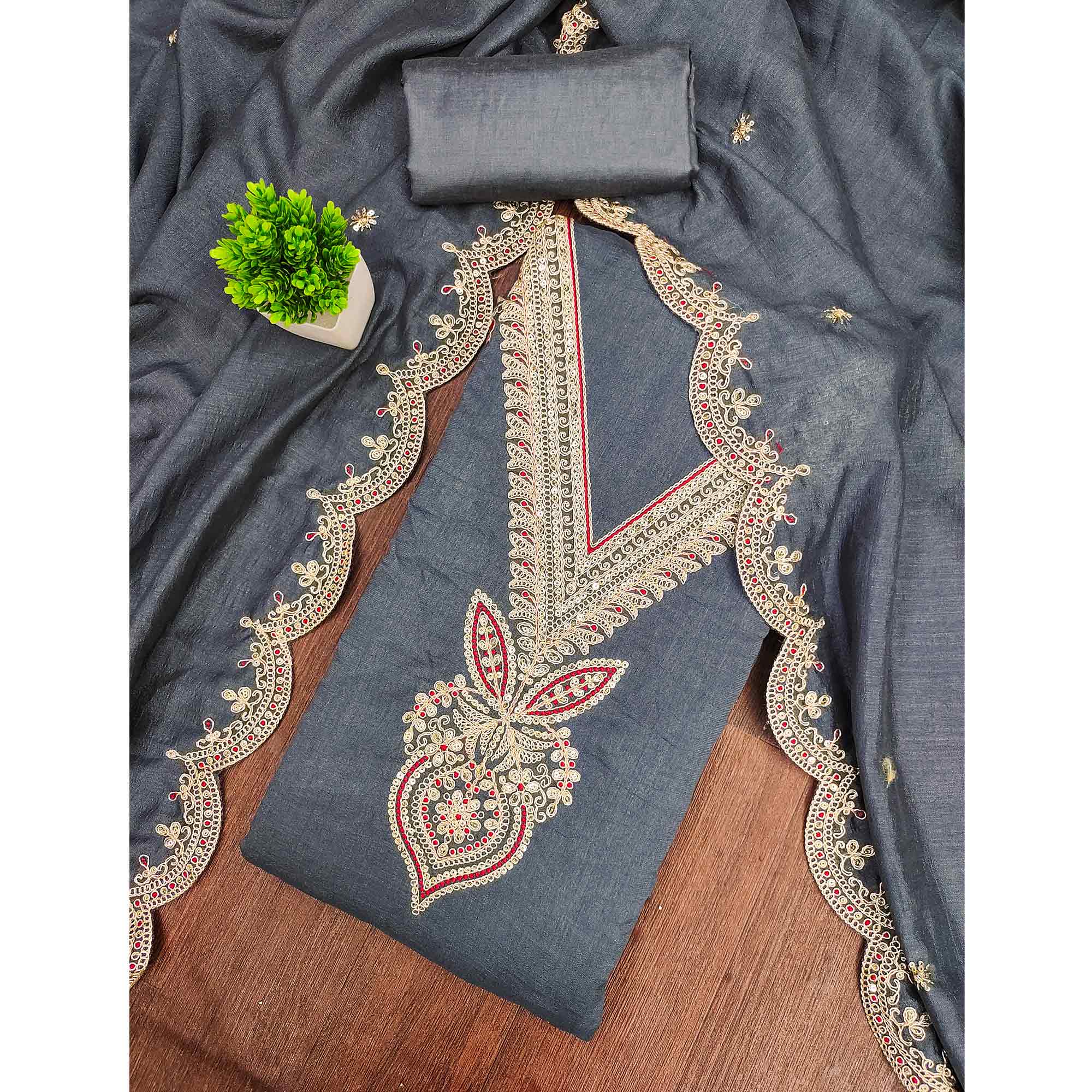 Grey Floral Embroidered Vichitra Silk Dress Material Enhanced With Detailed Cording & Sequins Work - Image 3