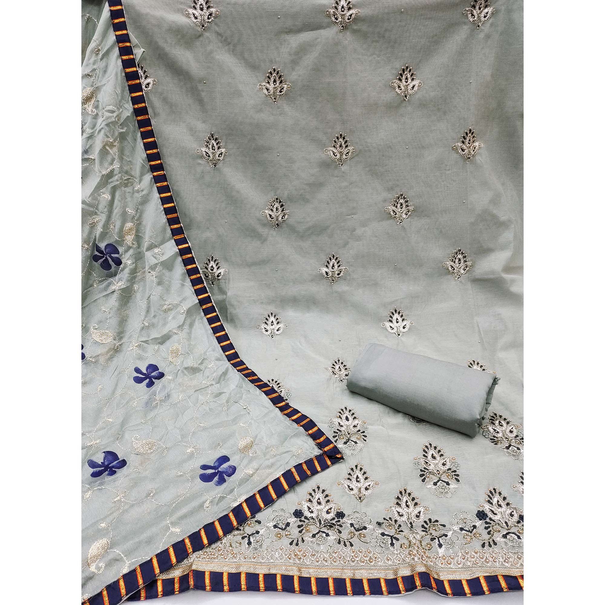 Grey Floral Embroidery With Moti Handwork Chanderi Silk Dress Material - Image 4