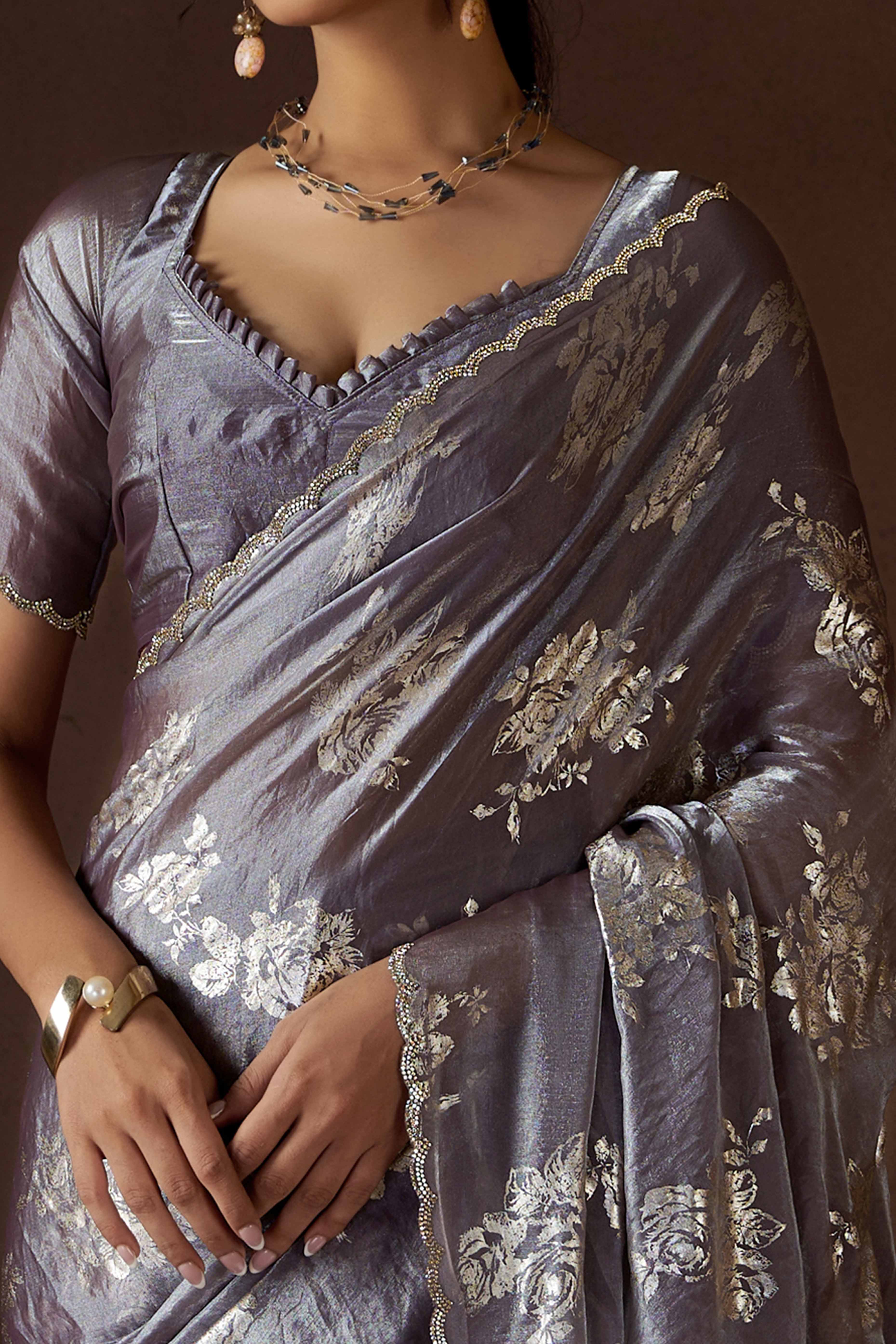 Grey Floral Foil Printed Satin Silk Saree With Zarkan Border - Image 2
