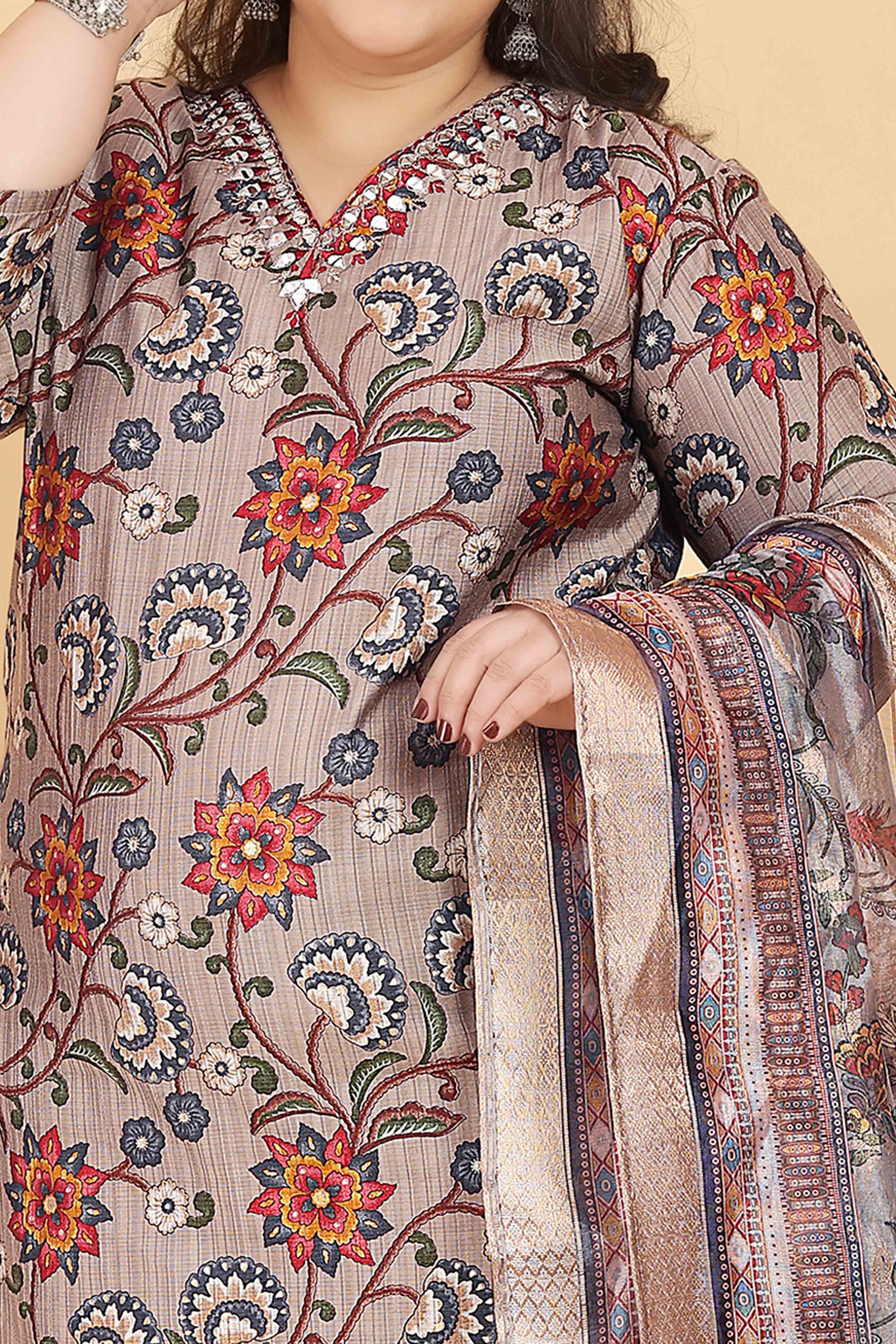 Grey Floral Foil Printed With Mirror Handwork Viscose Salwar Suit - Image 2