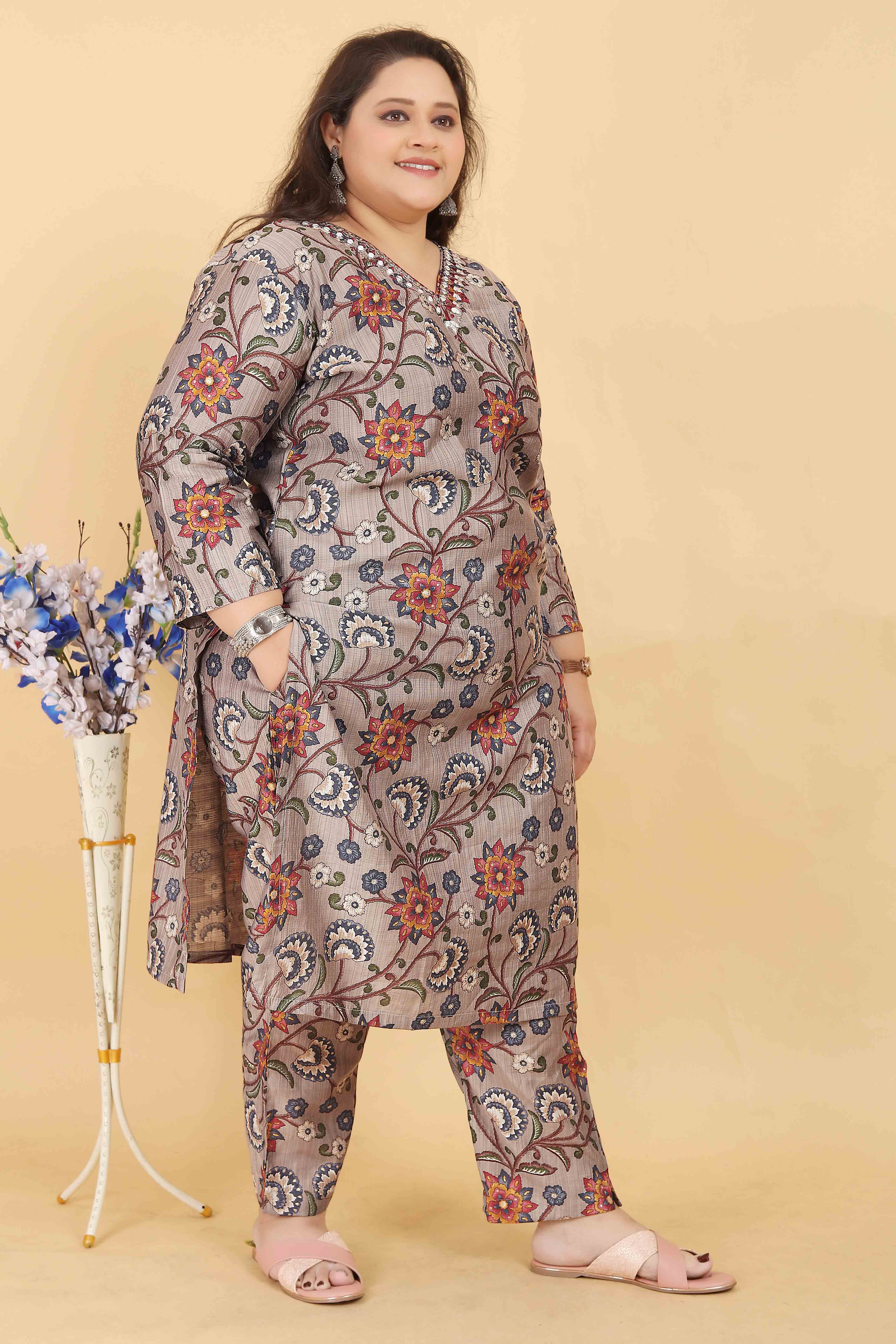 Grey Floral Foil Printed With Mirror Handwork Viscose Salwar Suit - Image 3