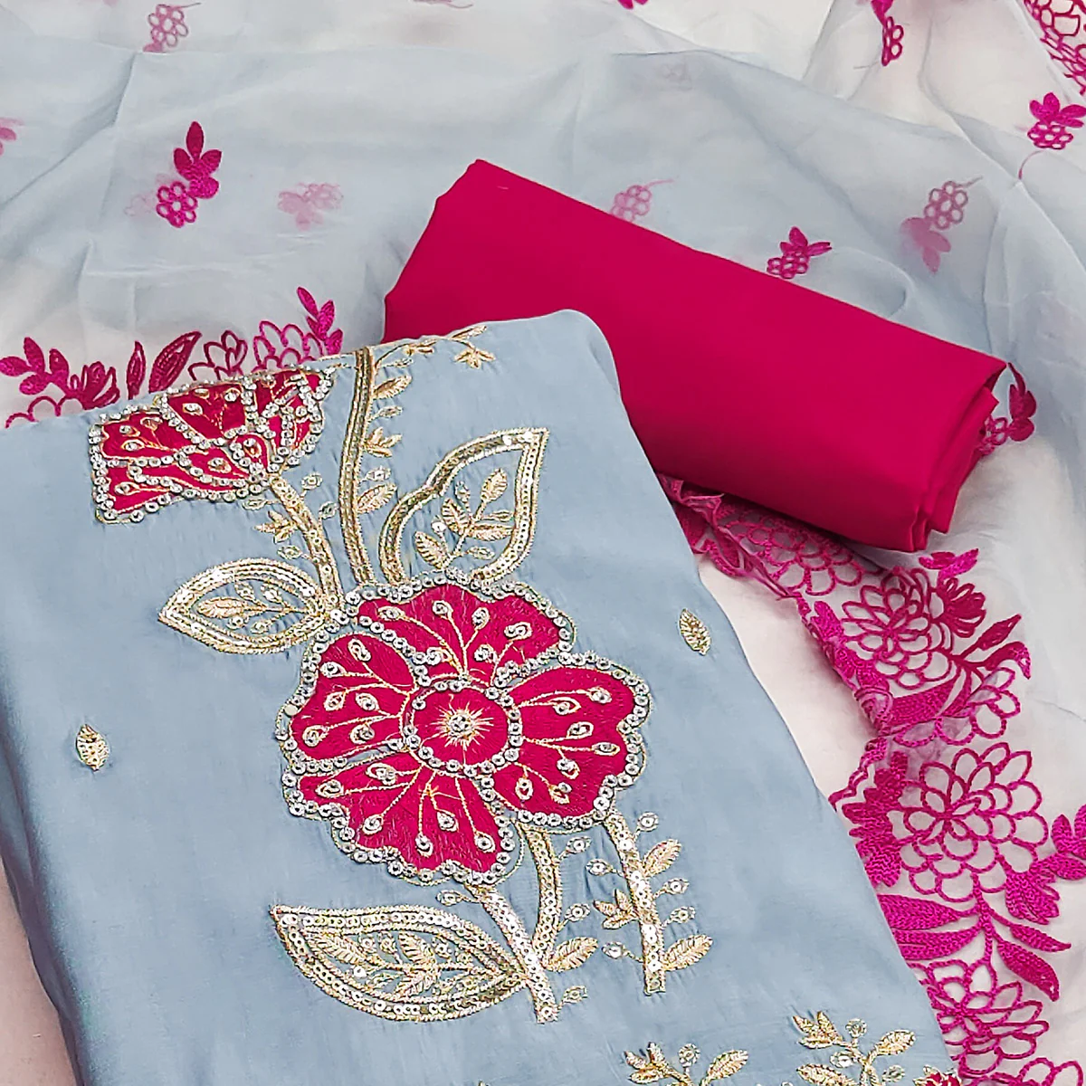 Grey Floral Hand Embroidered Cotton Silk Dress Material - Image 2