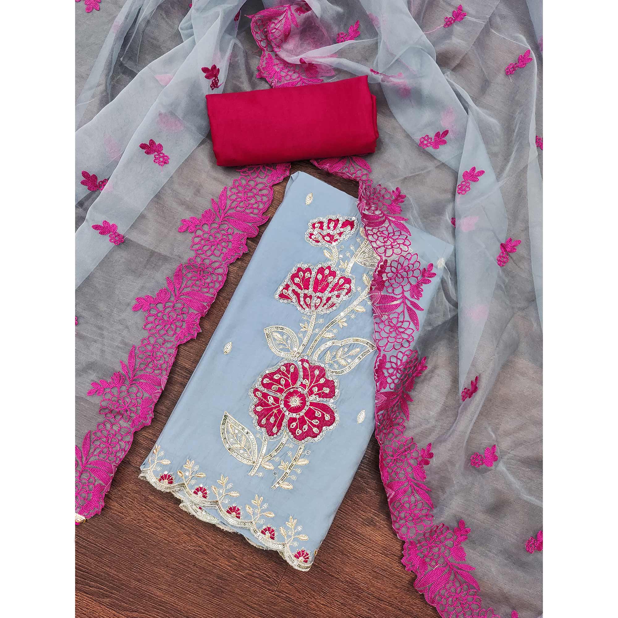 Grey Floral Hand Embroidered Cotton Silk Dress Material - Image 3