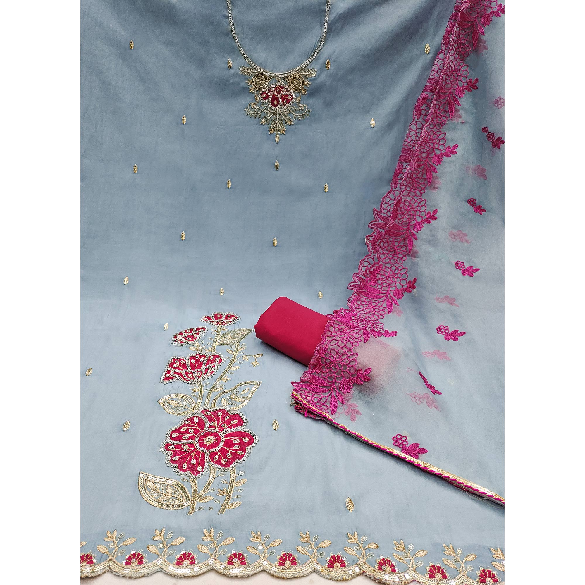 Grey Floral Hand Embroidered Cotton Silk Dress Material - Image 4