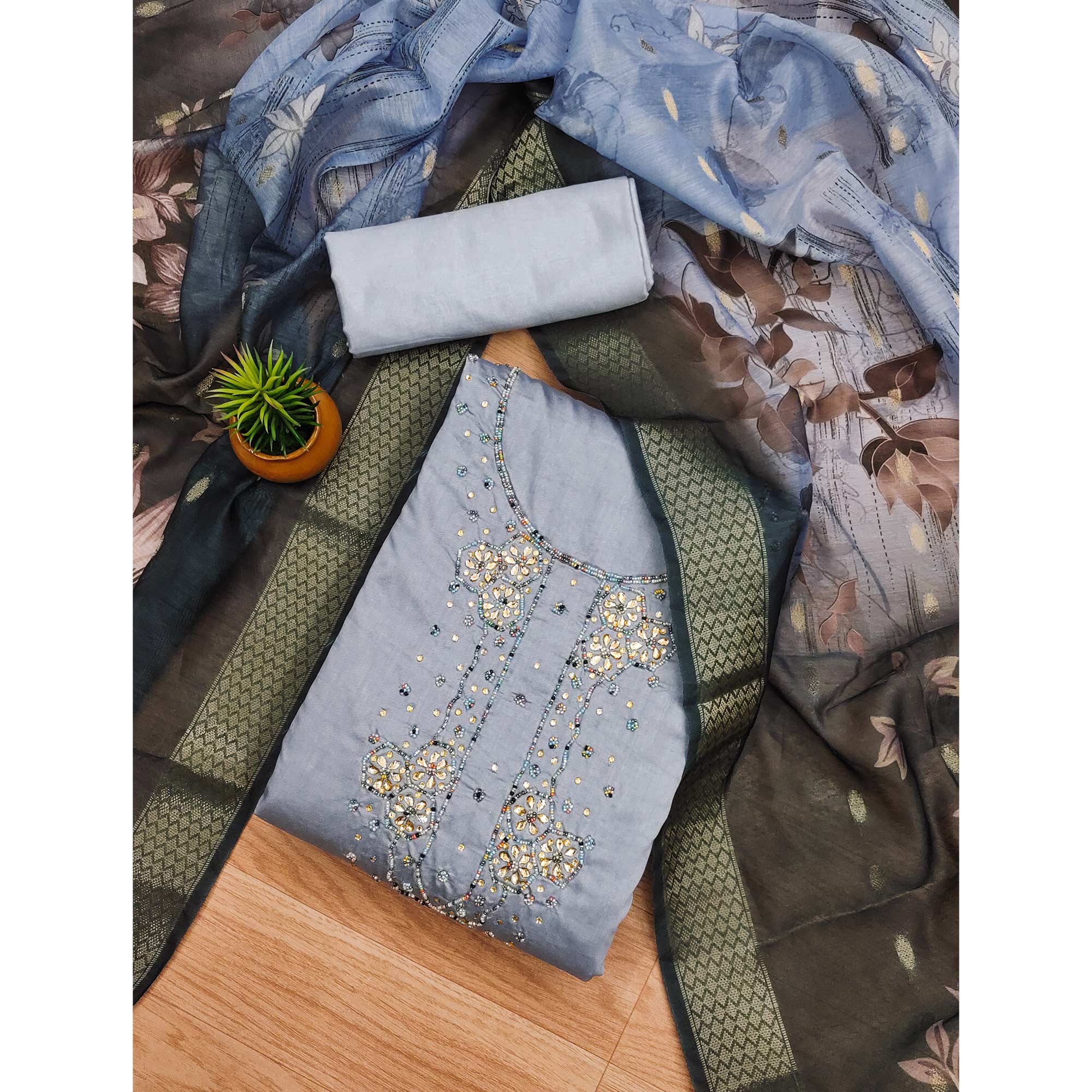 Grey Floral Handwork Cotton Silk Dress Material - Image 3