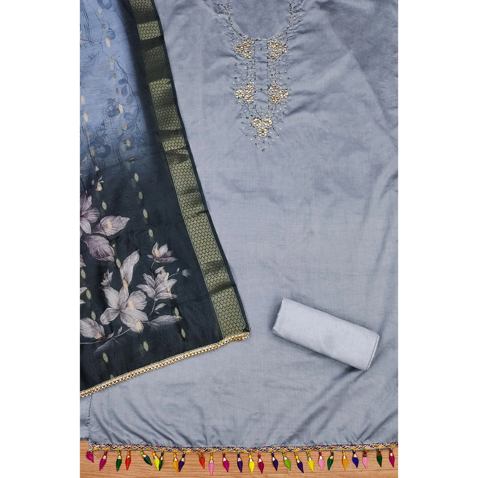 Grey Floral Handwork Cotton Silk Dress Material - Image 4