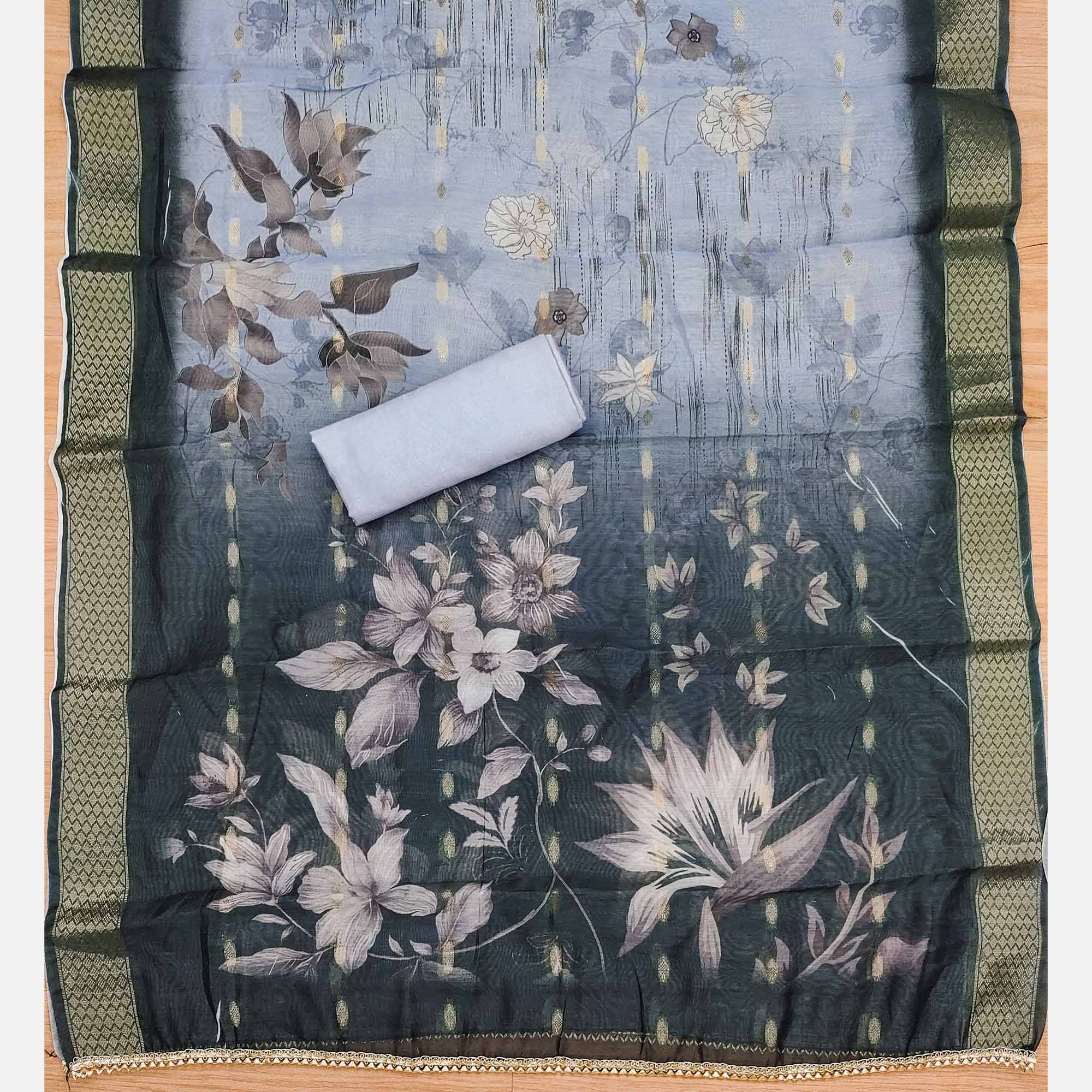Grey Floral Handwork Cotton Silk Dress Material - Image 5