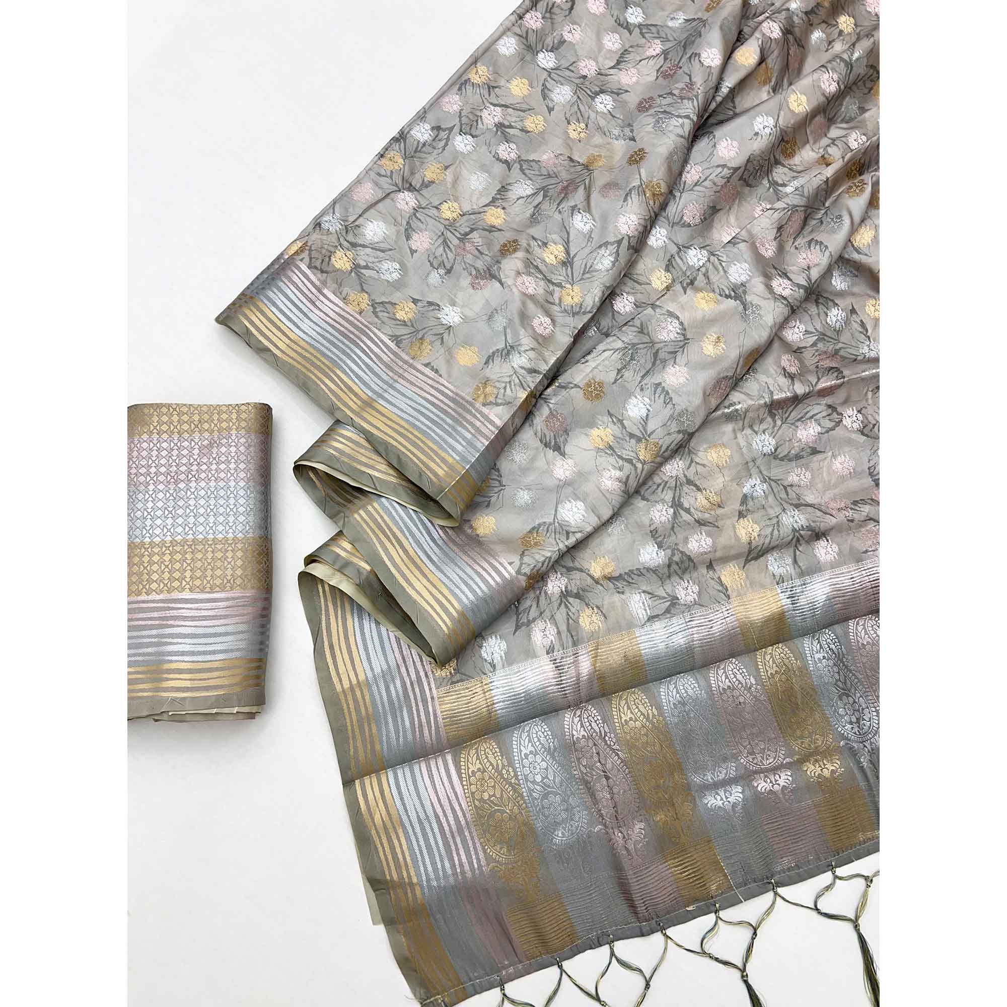 Grey Floral Motif Weaving & Artistic Digital Printed Silk Blend Saree With Tassel Pallu - Image 3