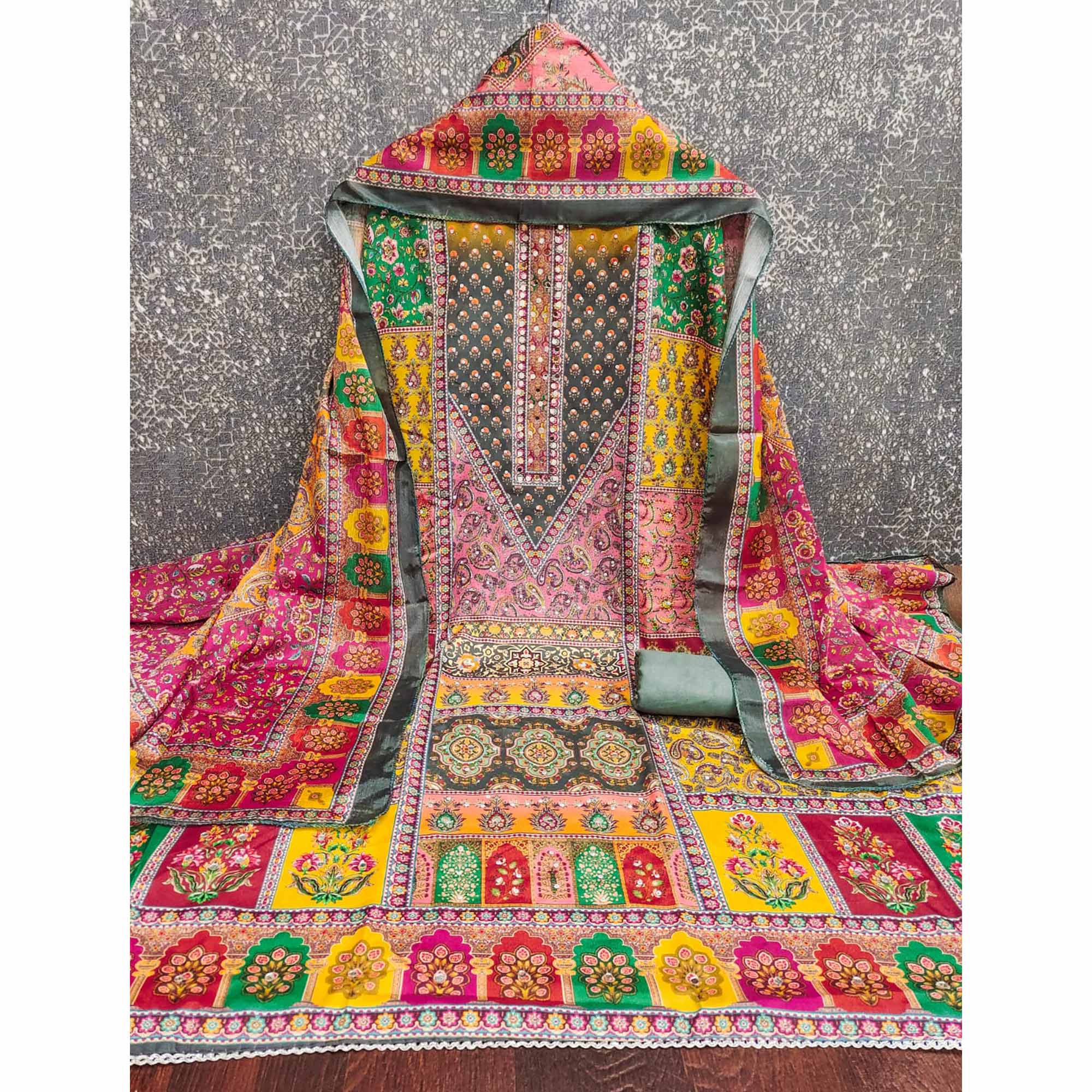 Grey Floral Printed Chinon Dress Material Embellished With Mirror & Stone Work - Image 4