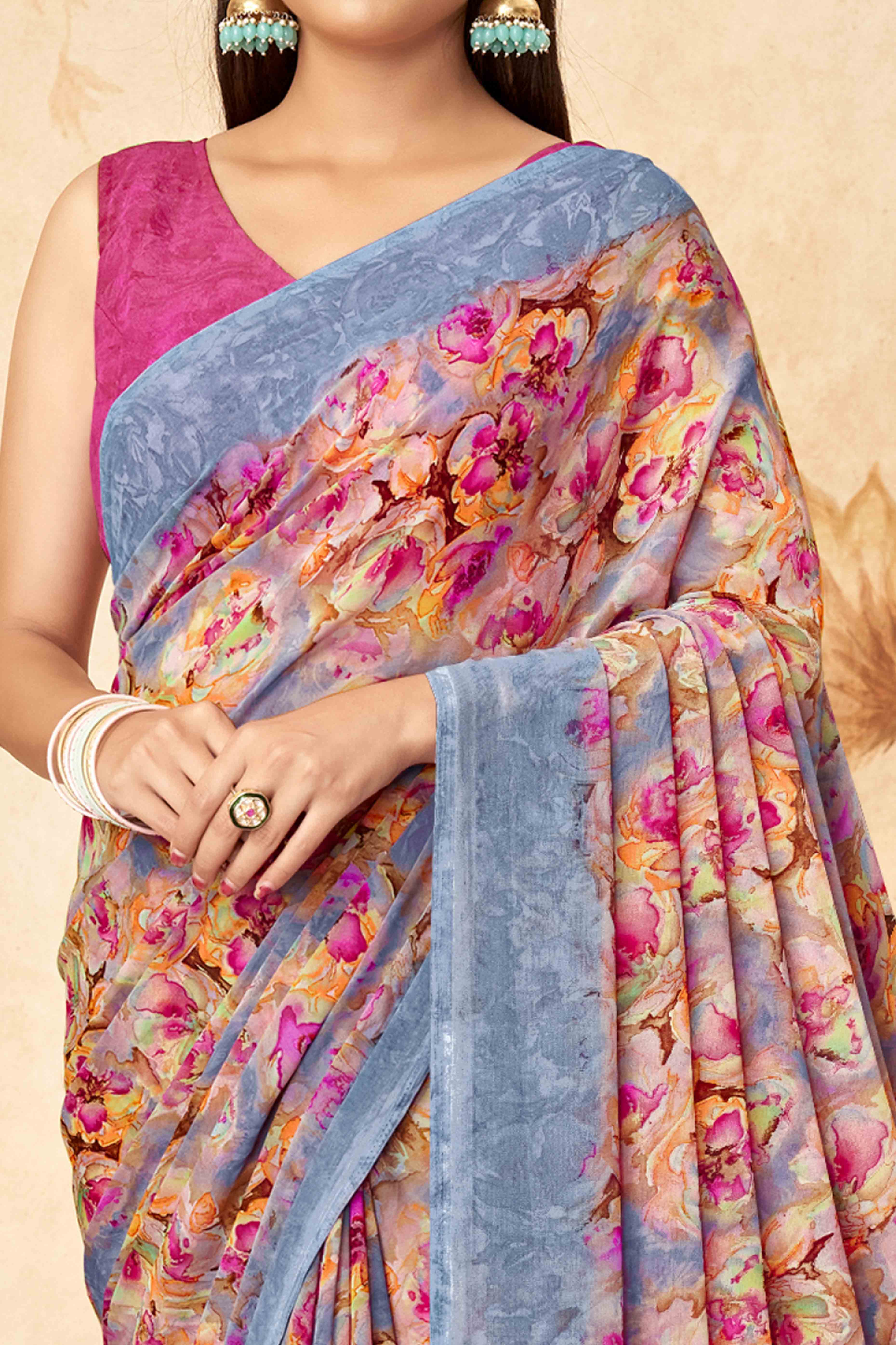 Grey Floral Printed Georgette Saree - Image 2