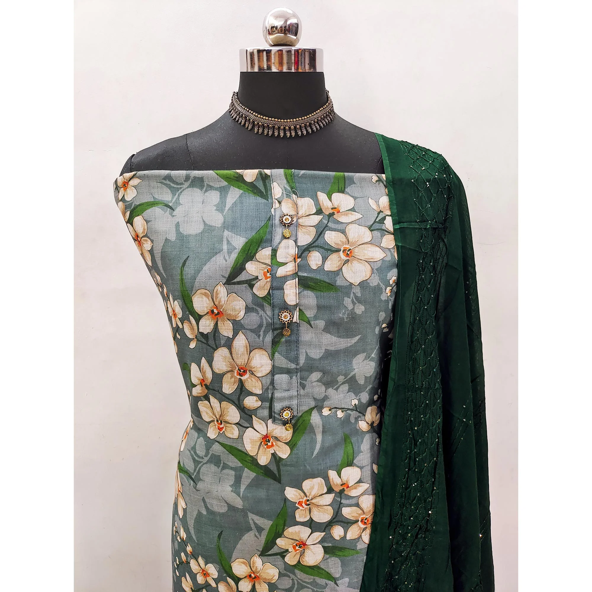 Grey Floral Printed Linen Dress Material - Image 4