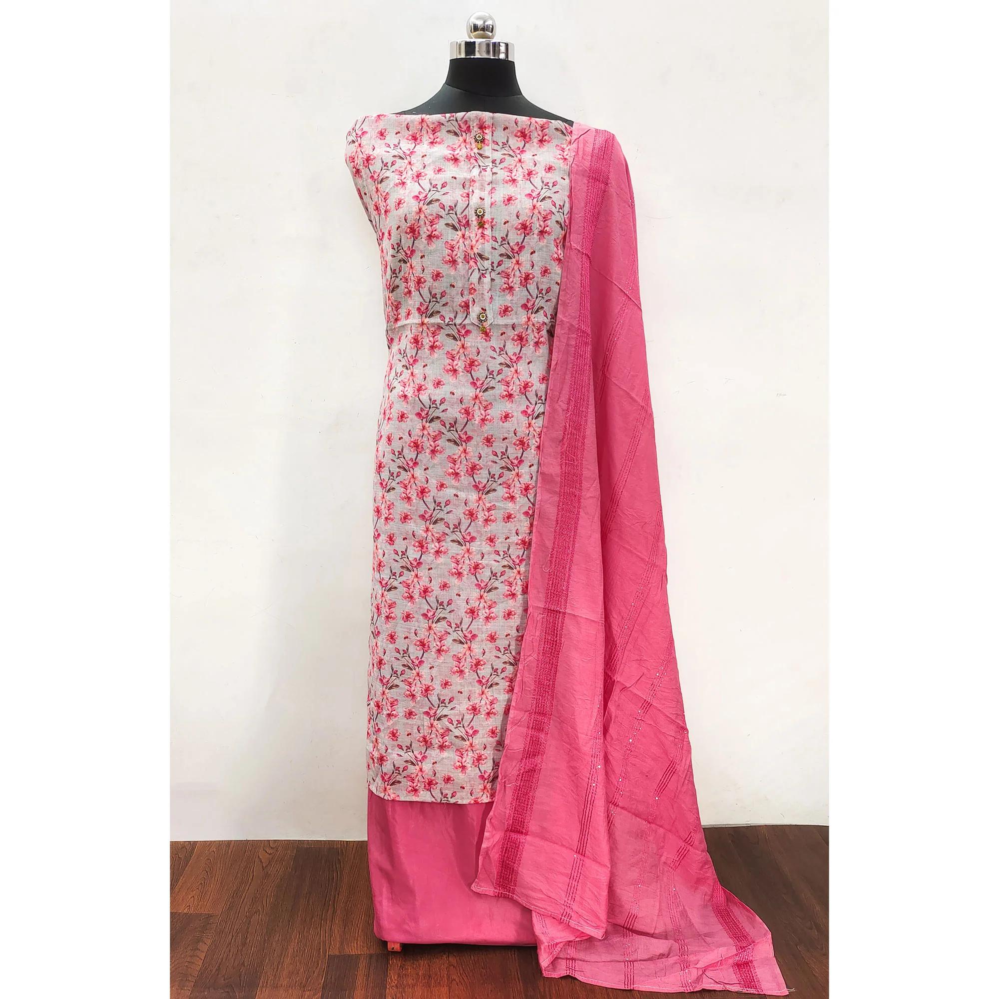 Grey Floral Printed Linen Dress Material - Image 3