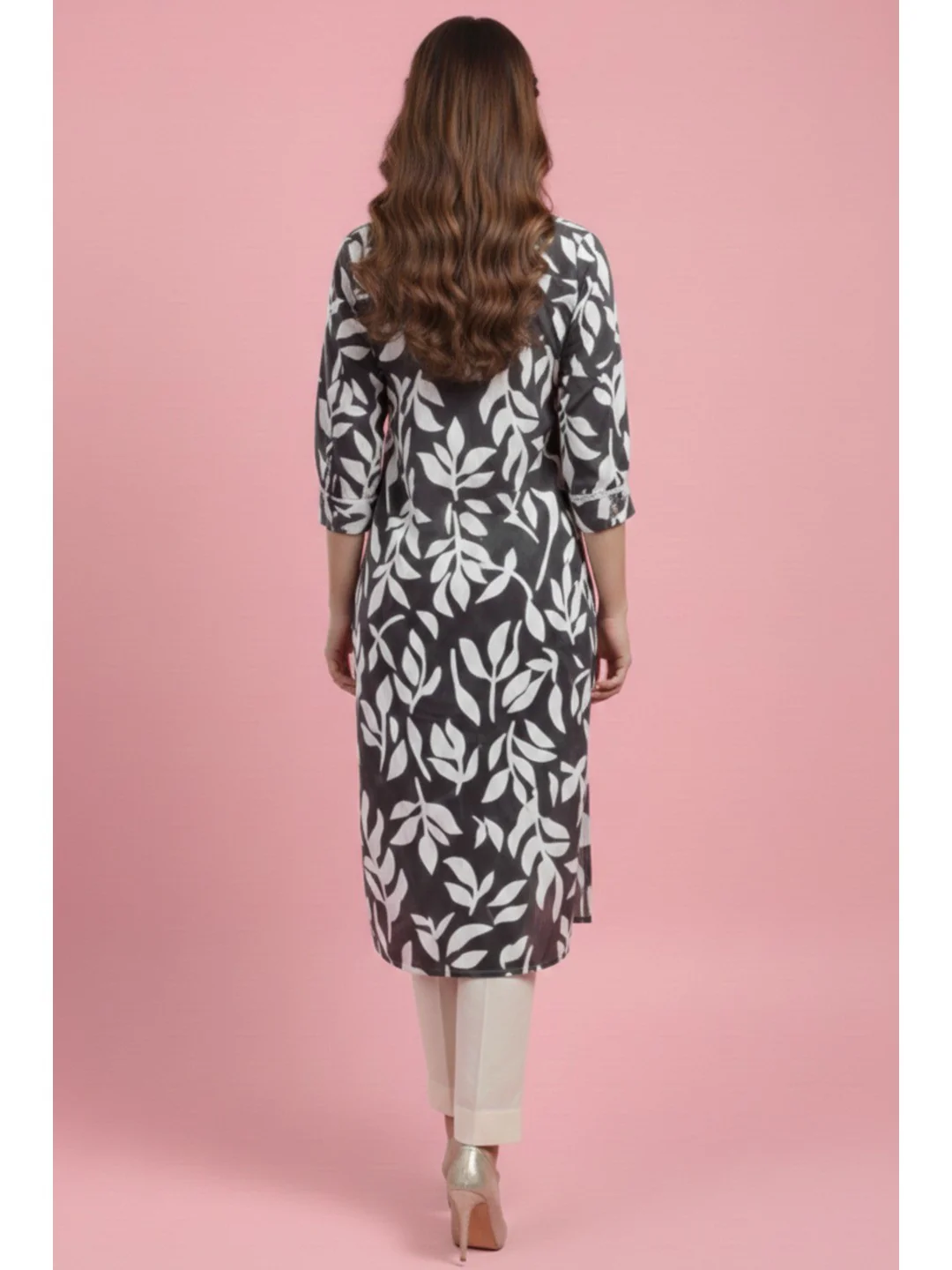 Grey Floral Printed Linen Straight Kurti with Minimalist Casual Style - Image 3