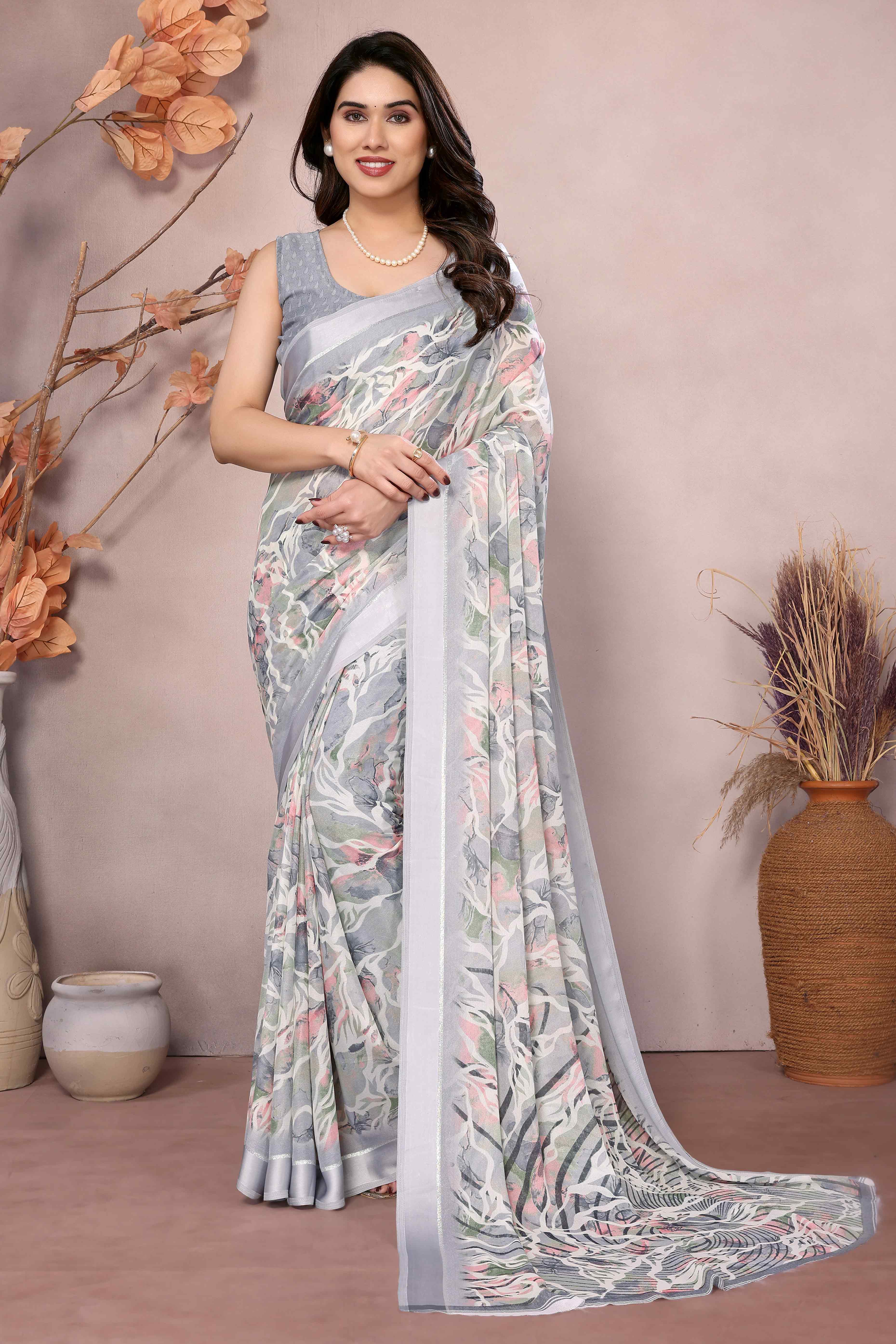 Grey Floral Printed Moss Art Silk Saree - Image 3