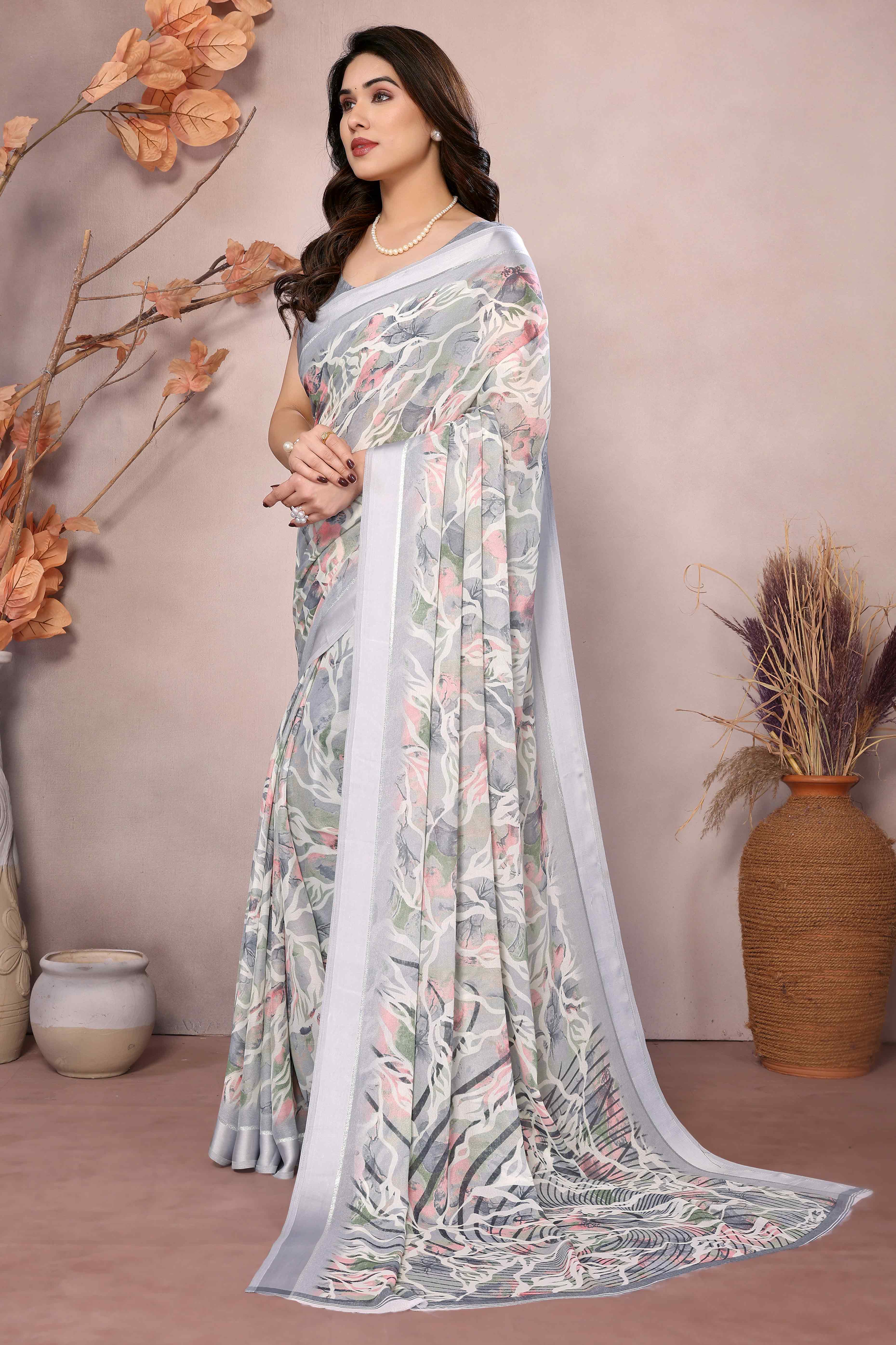 Grey Floral Printed Moss Art Silk Saree - Image 4