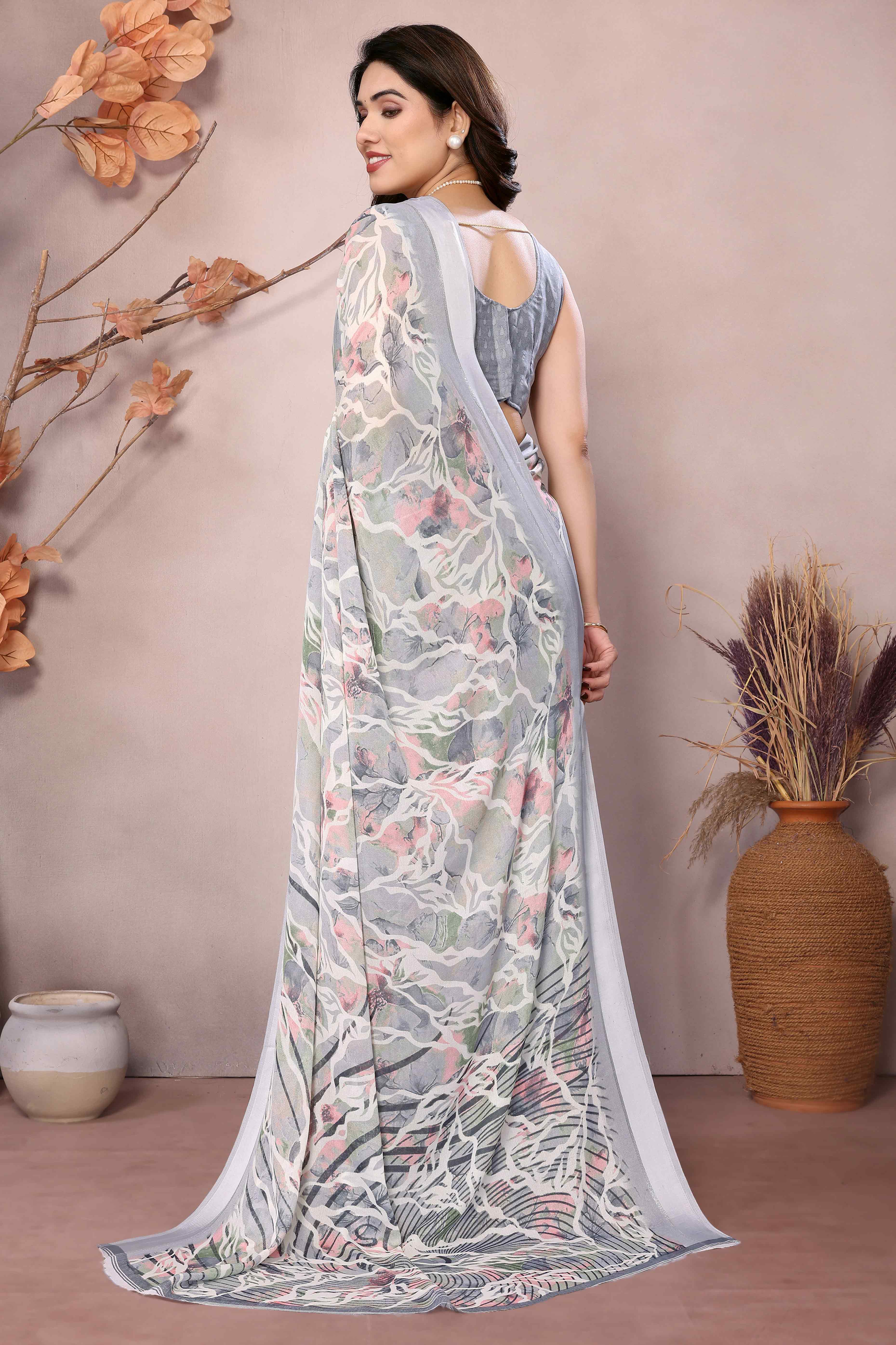 Grey Floral Printed Moss Art Silk Saree - Image 5