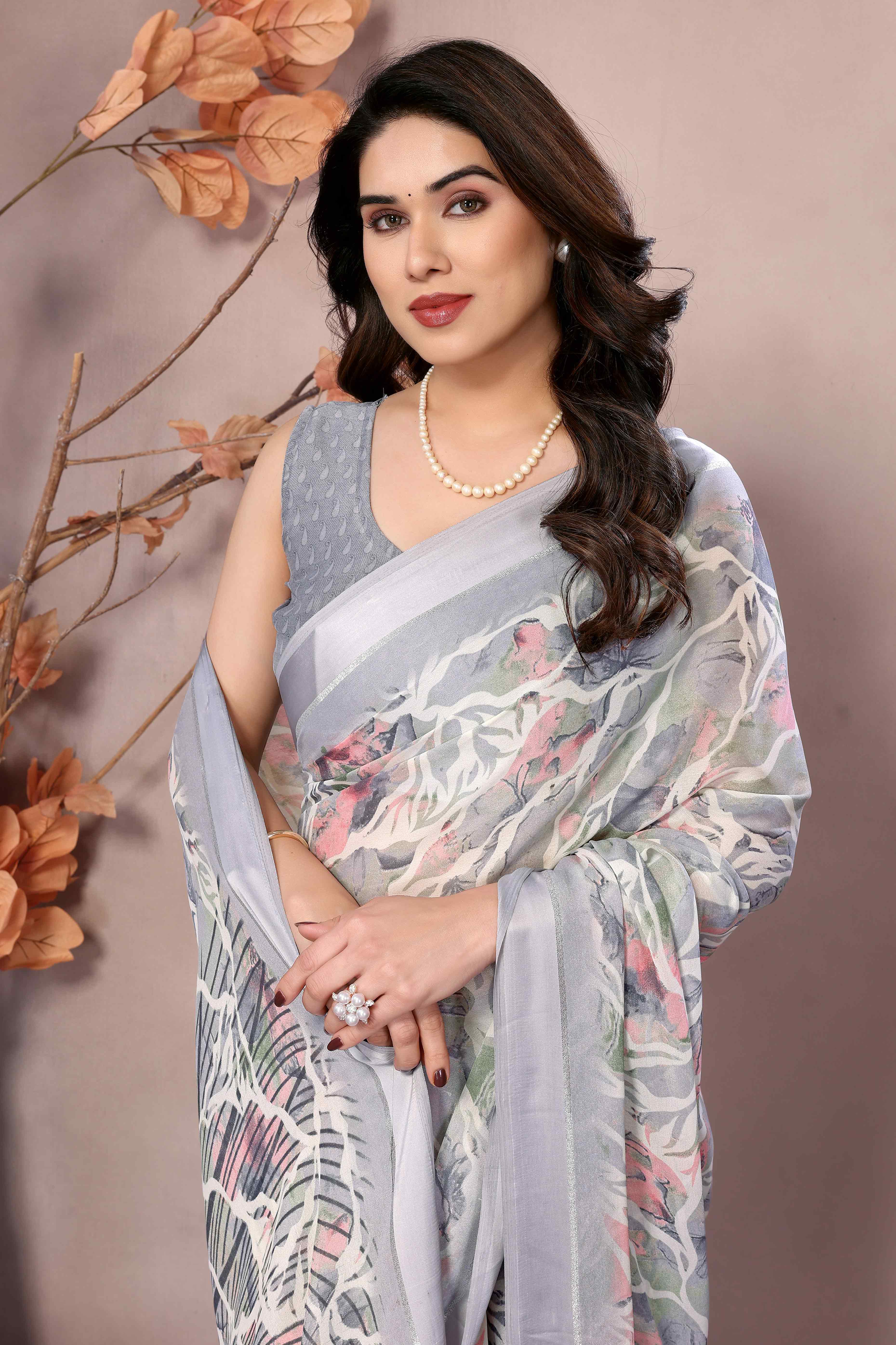 Grey Floral Printed Moss Art Silk Saree - Image 6