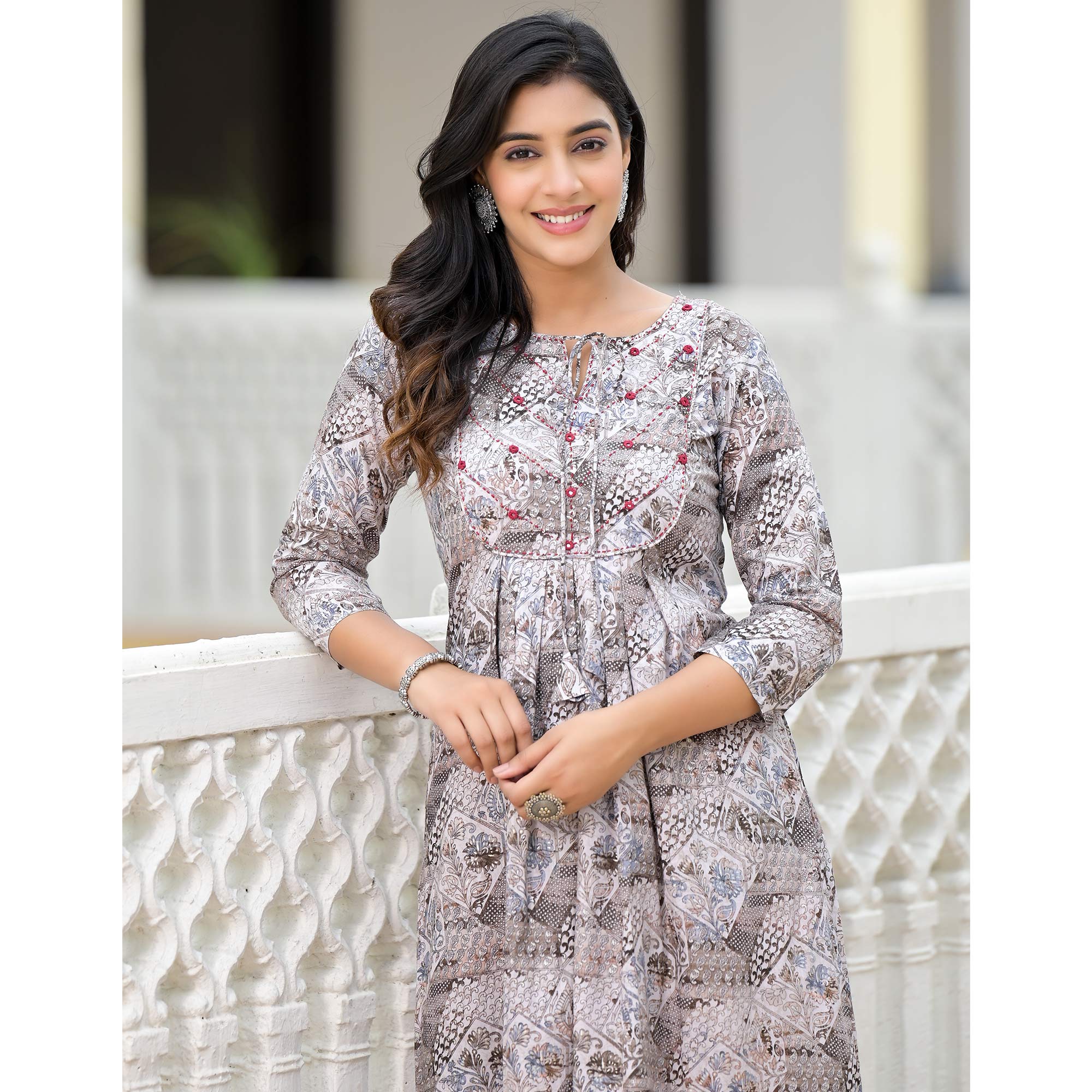 Grey Floral Printed Pure Cotton A-Line Dress - Image 10