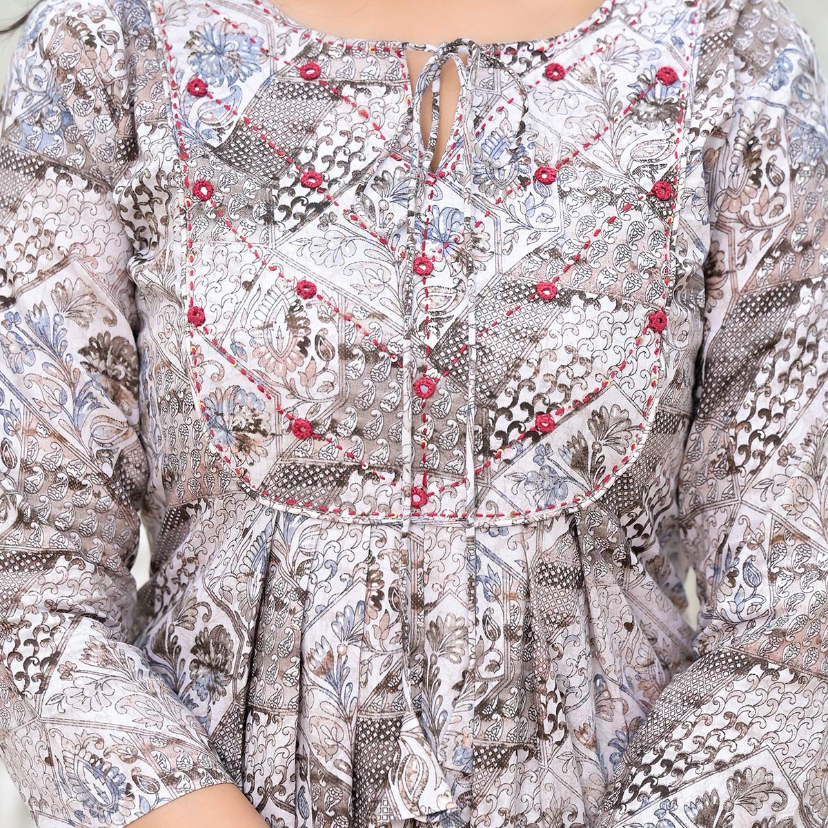 Grey Floral Printed Pure Cotton A-Line Dress - Image 3