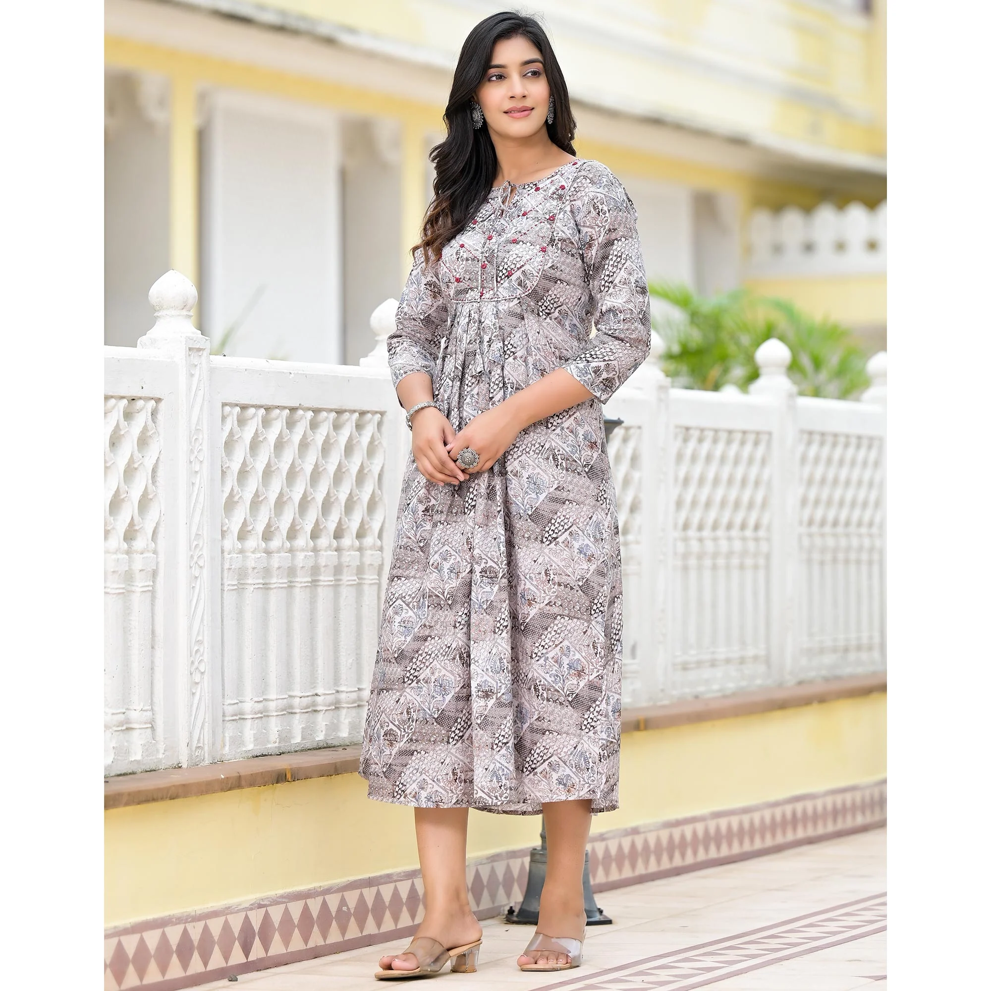 Grey Floral Printed Pure Cotton A-Line Dress - Image 4